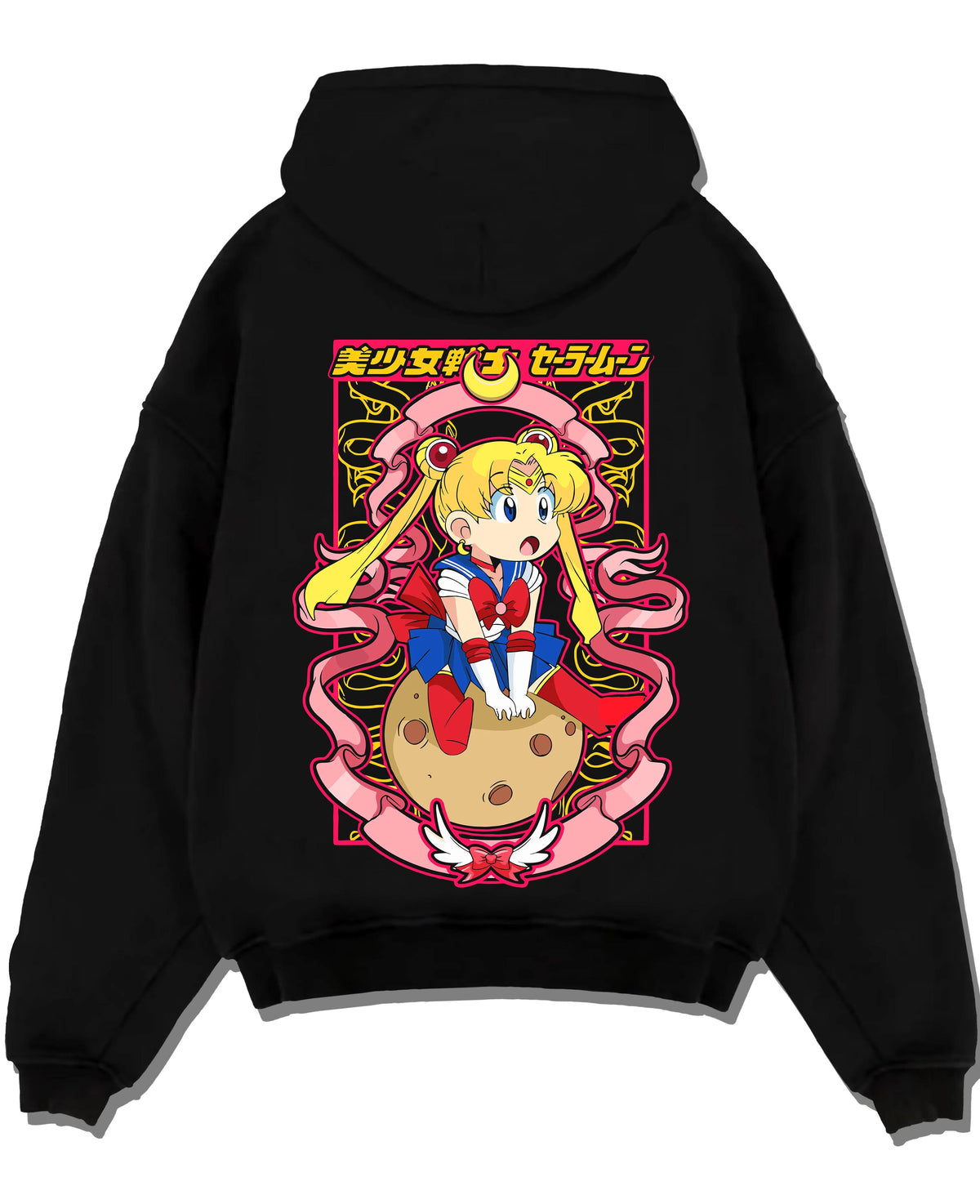 Black hoodie laid flat featuring Sailor Moon Eternal form artwork.