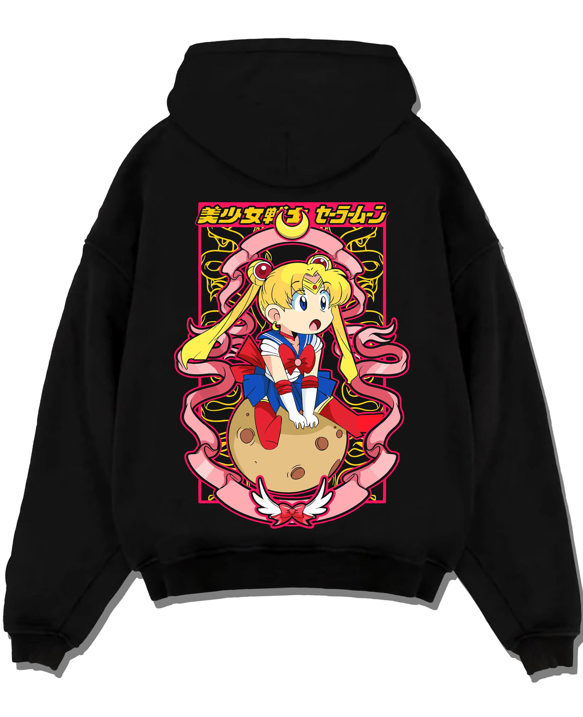 Black hoodie laid flat featuring Sailor Moon Eternal form artwork.