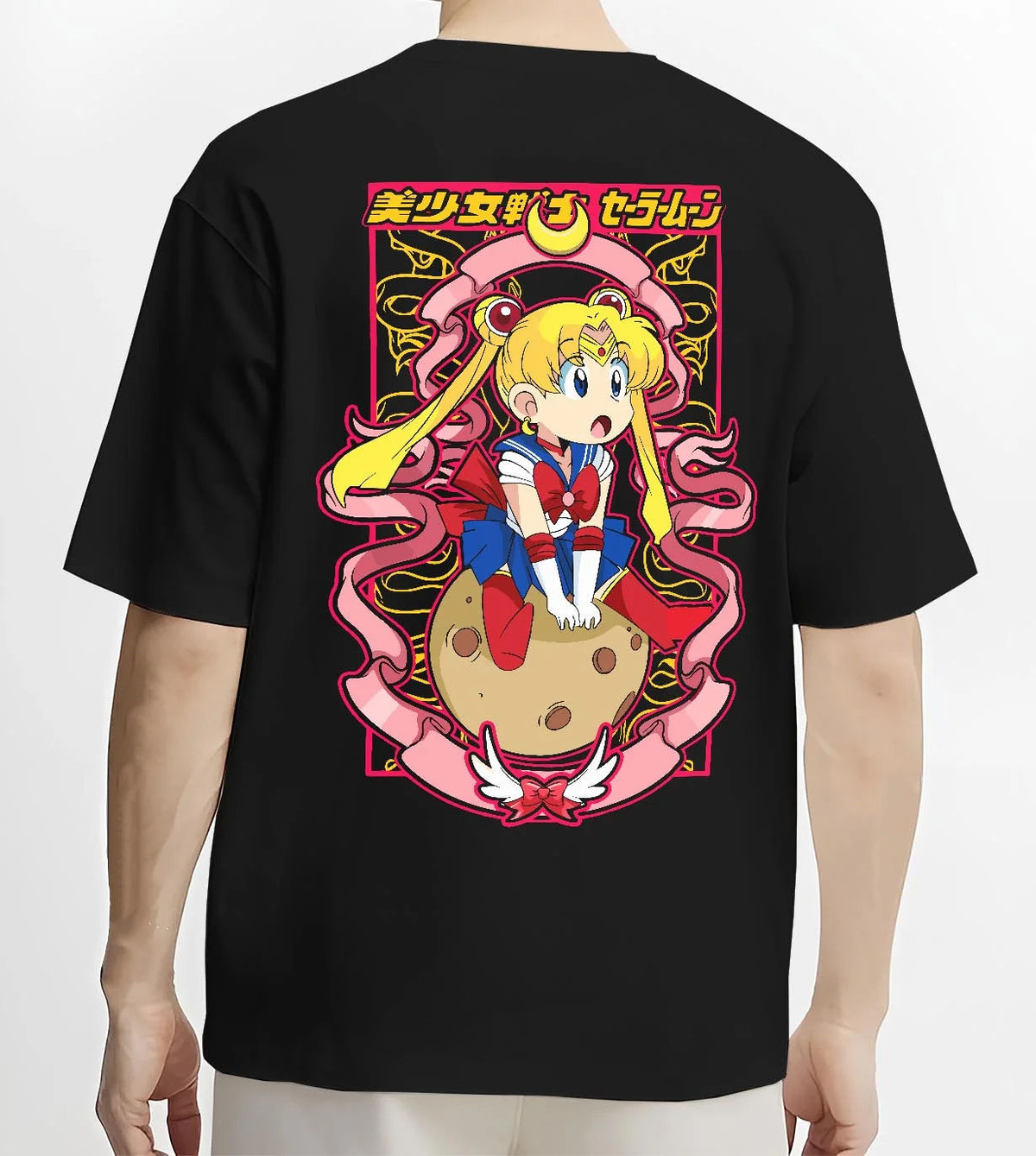 Black T-shirt worn by male model from the back featuring Sailor Moon Eternal form artwork.