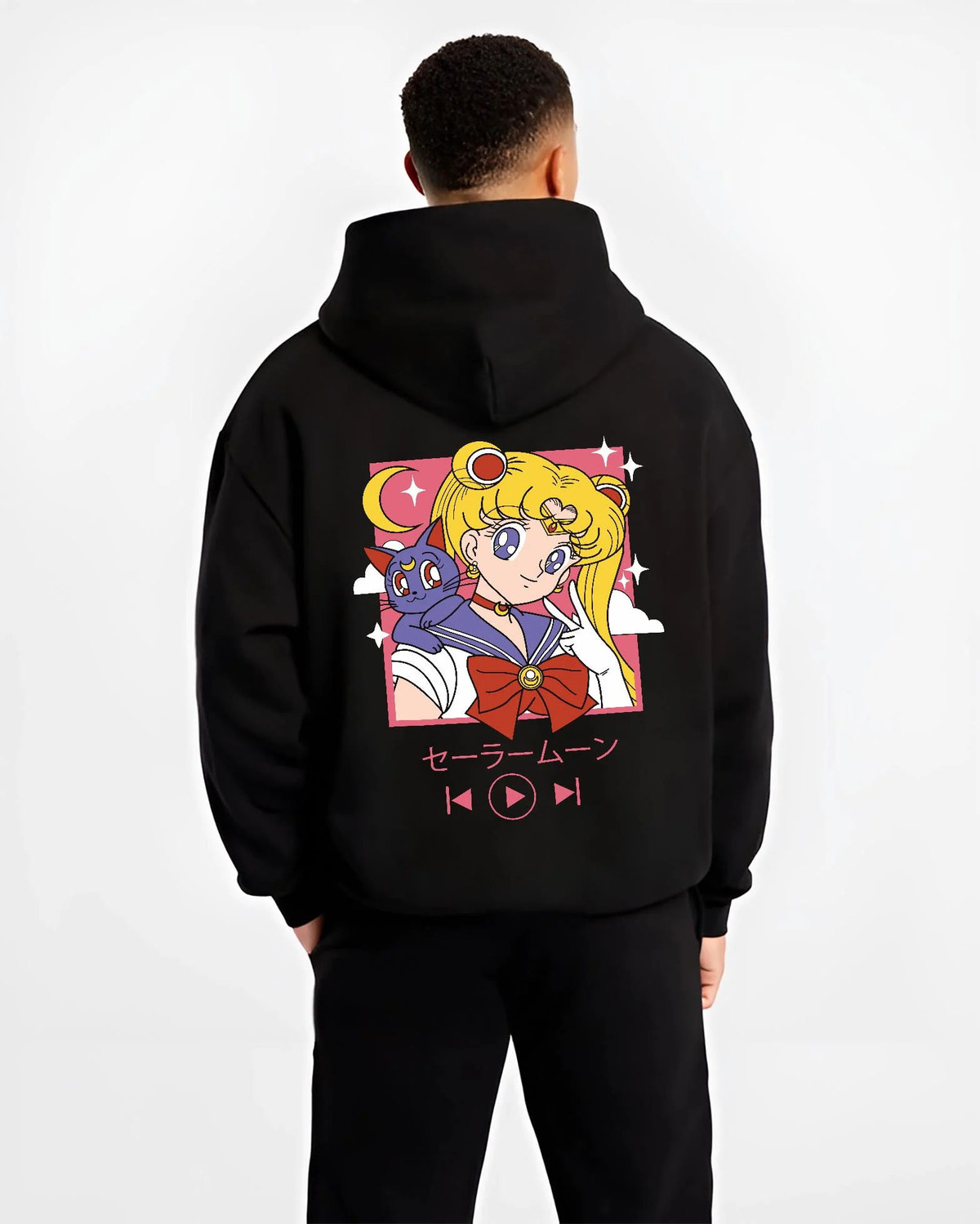 Black hoodie worn by male model from the back featuring Sailor Moon with Luna artwork.