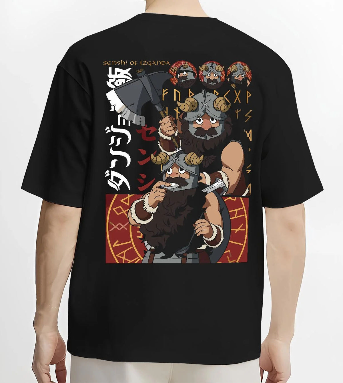 Black T-shirt worn by male model from the back featuring Senshi the dwarf cook artwork.