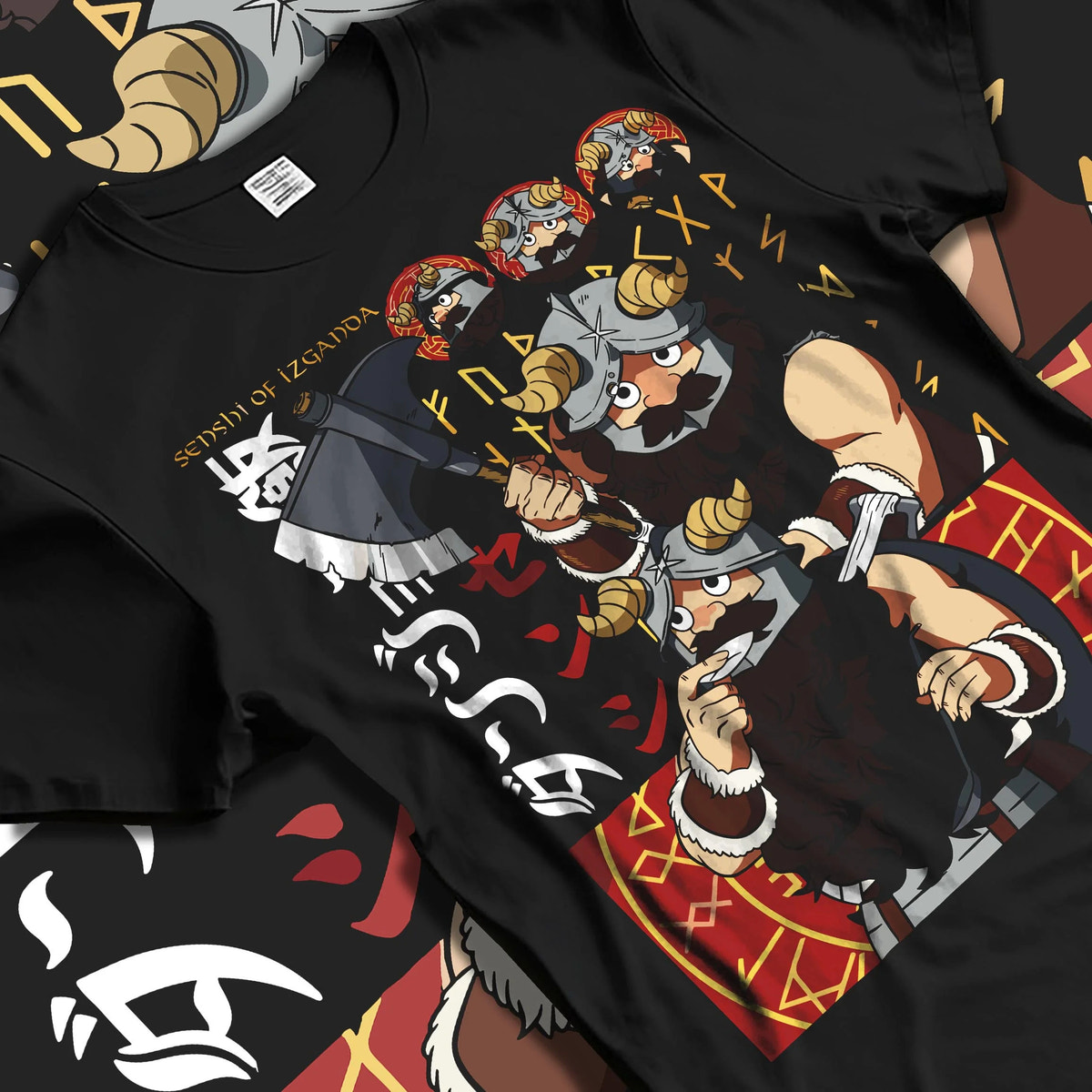 Black T-shirt laid flat with natural folds featuring Senshi the dwarf cook artwork.