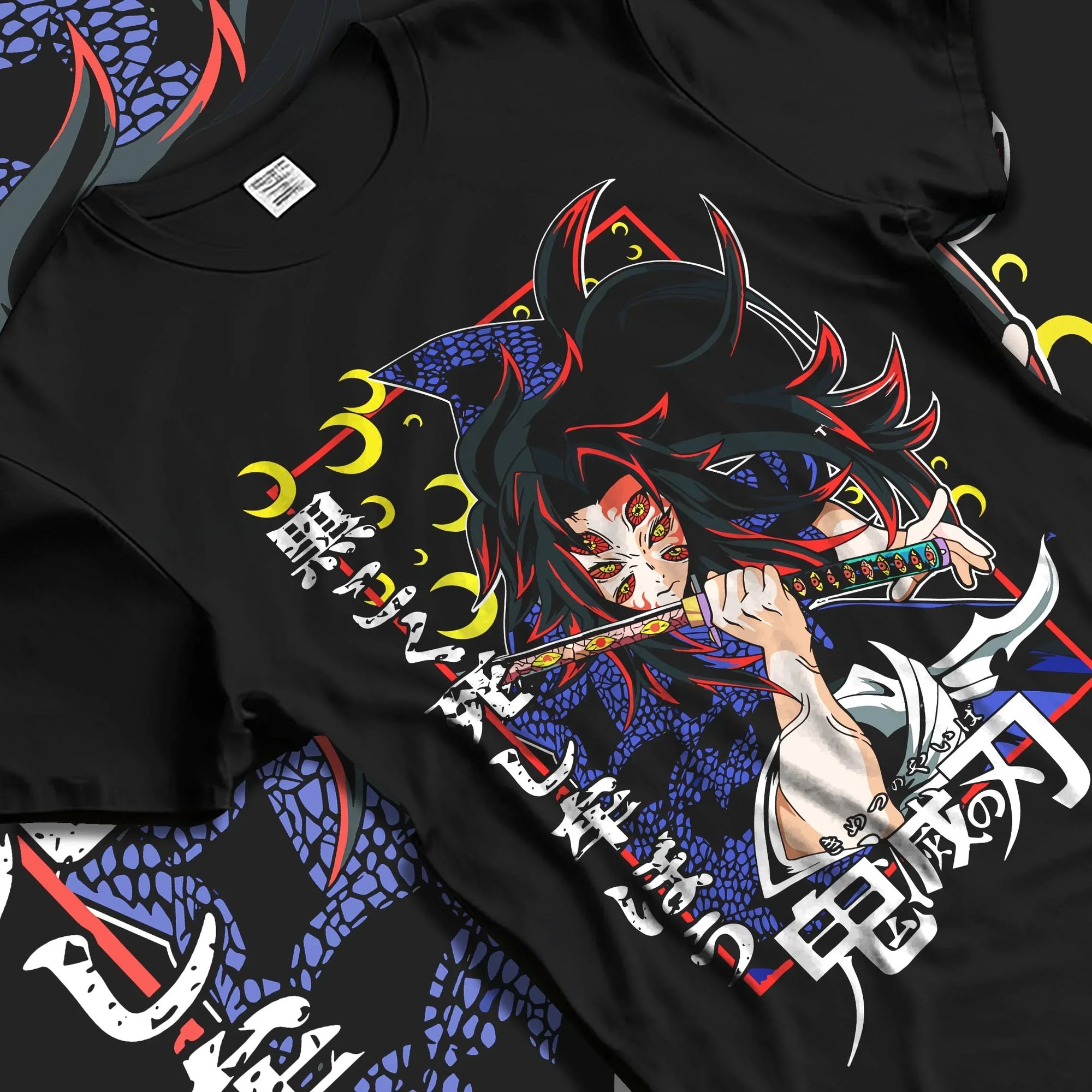Black T-shirt laid flat with natural folds with Kokushibo Hoodie Demon Slayer Tragic Moon Form graphic premium wear.