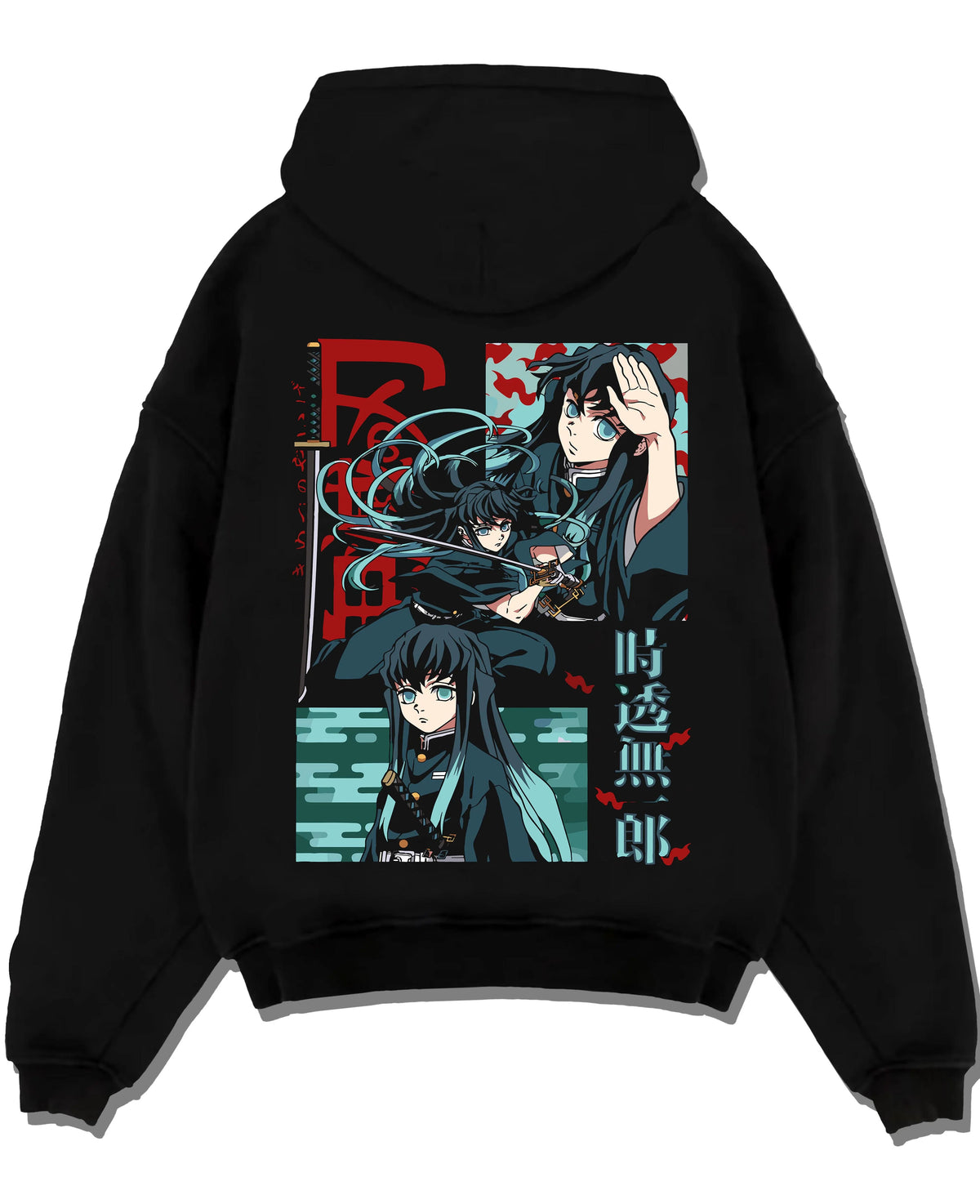 Black hoodie laid flat featuring Muichiro Tokito Mist Hashira collage artwork.