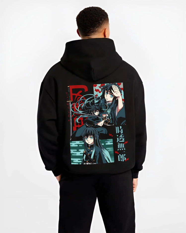 Black hoodie worn by male model from the back featuring Muichiro Tokito Mist Hashira collage artwork.