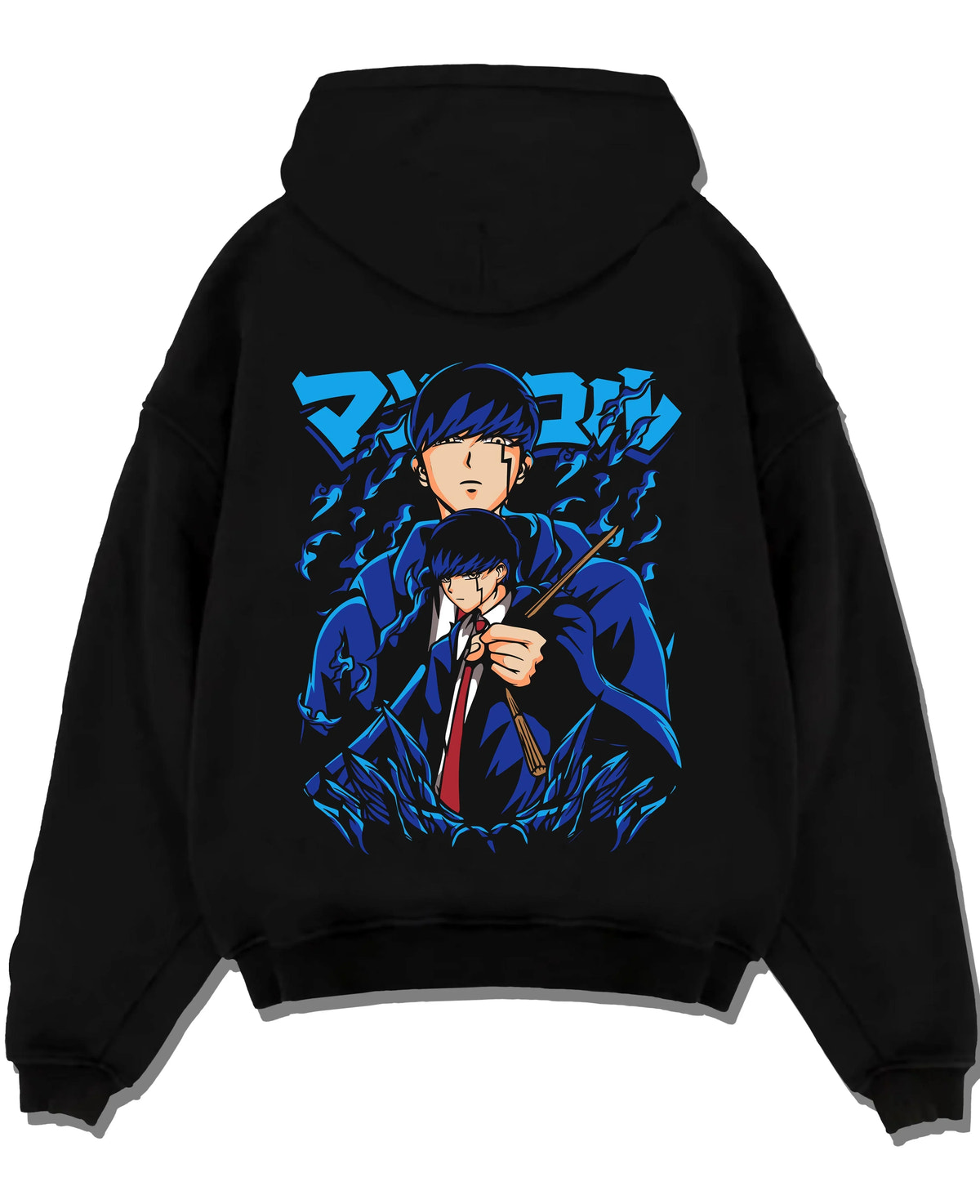 Black pullover hoodie laid flat with Mob Psycho Hoodie Mob Psycho 100 Blue Energy graphic bold anime graphic.