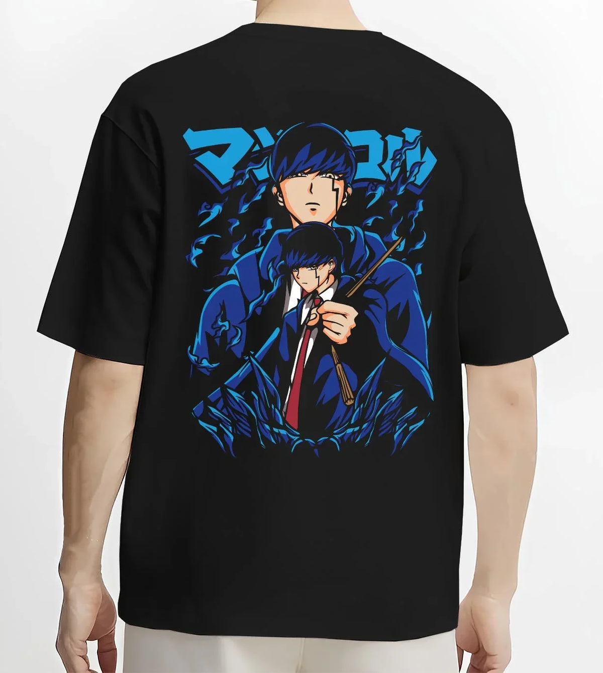Black T-shirt worn by male model, back view with Mob Psycho Hoodie Mob Psycho 100 Blue Energy graphic streetwear graphic.
