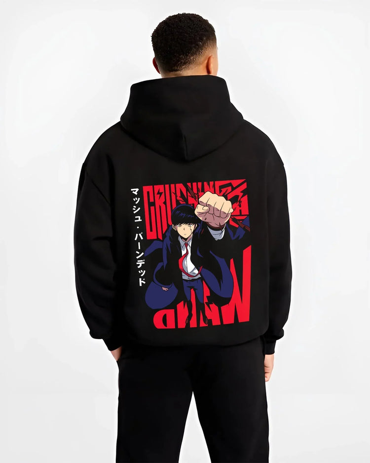 Black hoodie worn by male model, back view with Mash Burnedead Hoodie Mashle Power Fist graphic streetwear graphic.