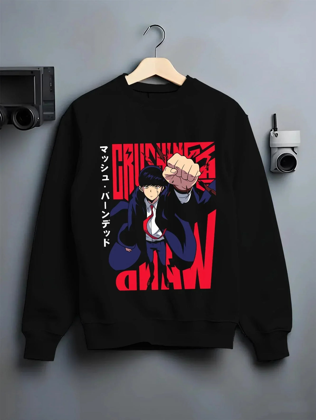 Black crewneck sweatshirt on hanger with Mash Burnedead Hoodie Mashle Power Fist graphic versatile unisex fit.