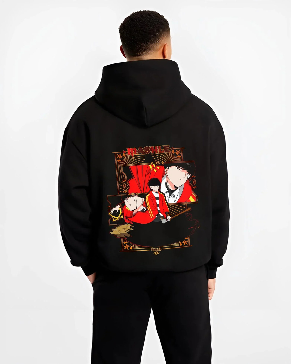 Black hoodie worn by male model, back view with Mash Burnedead Hoodie Mashle Crimson Rage graphic premium wear.