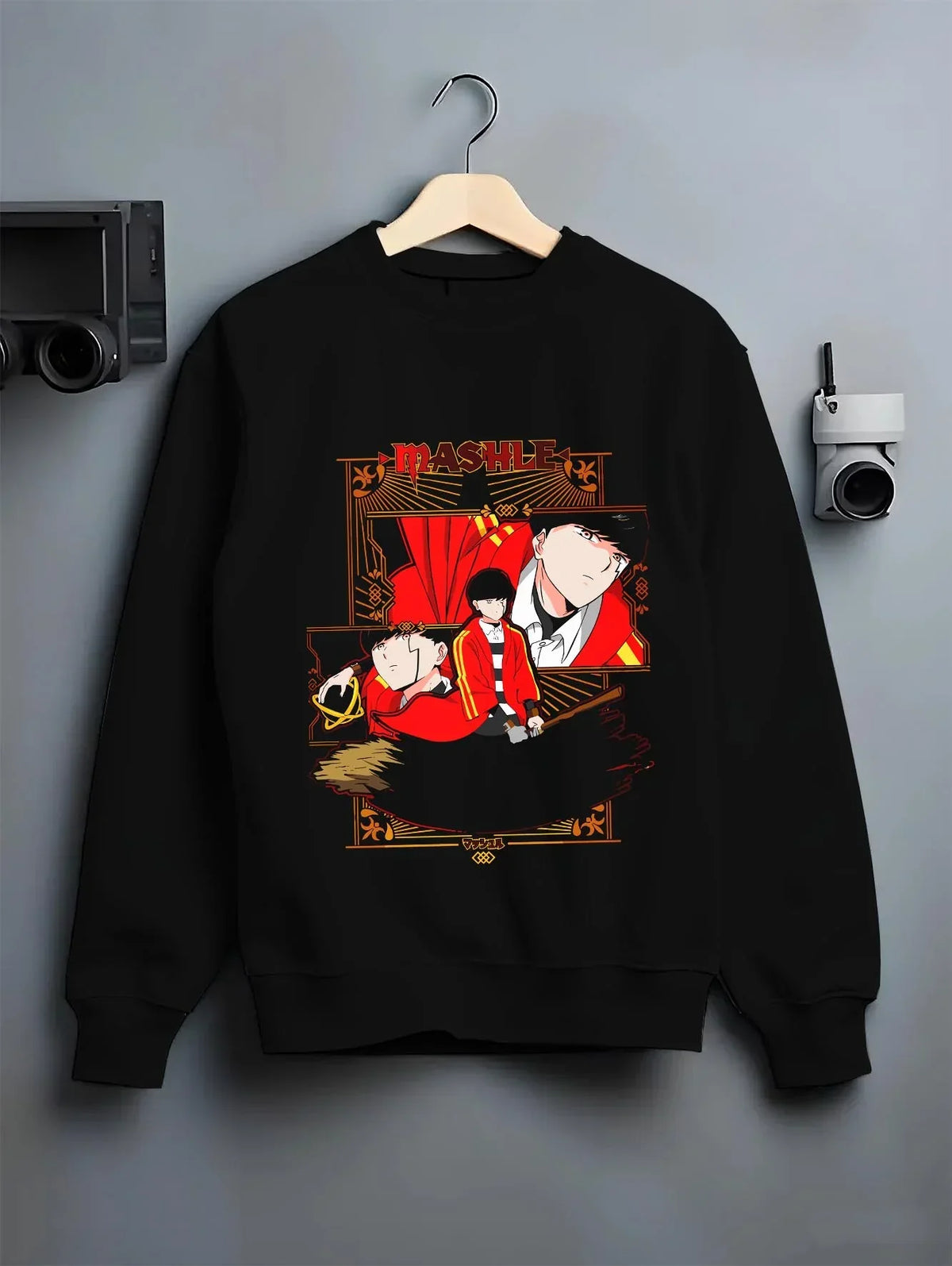 Black crewneck sweatshirt on hanger with Mash Burnedead Hoodie Mashle Crimson Rage graphic bold anime graphic.