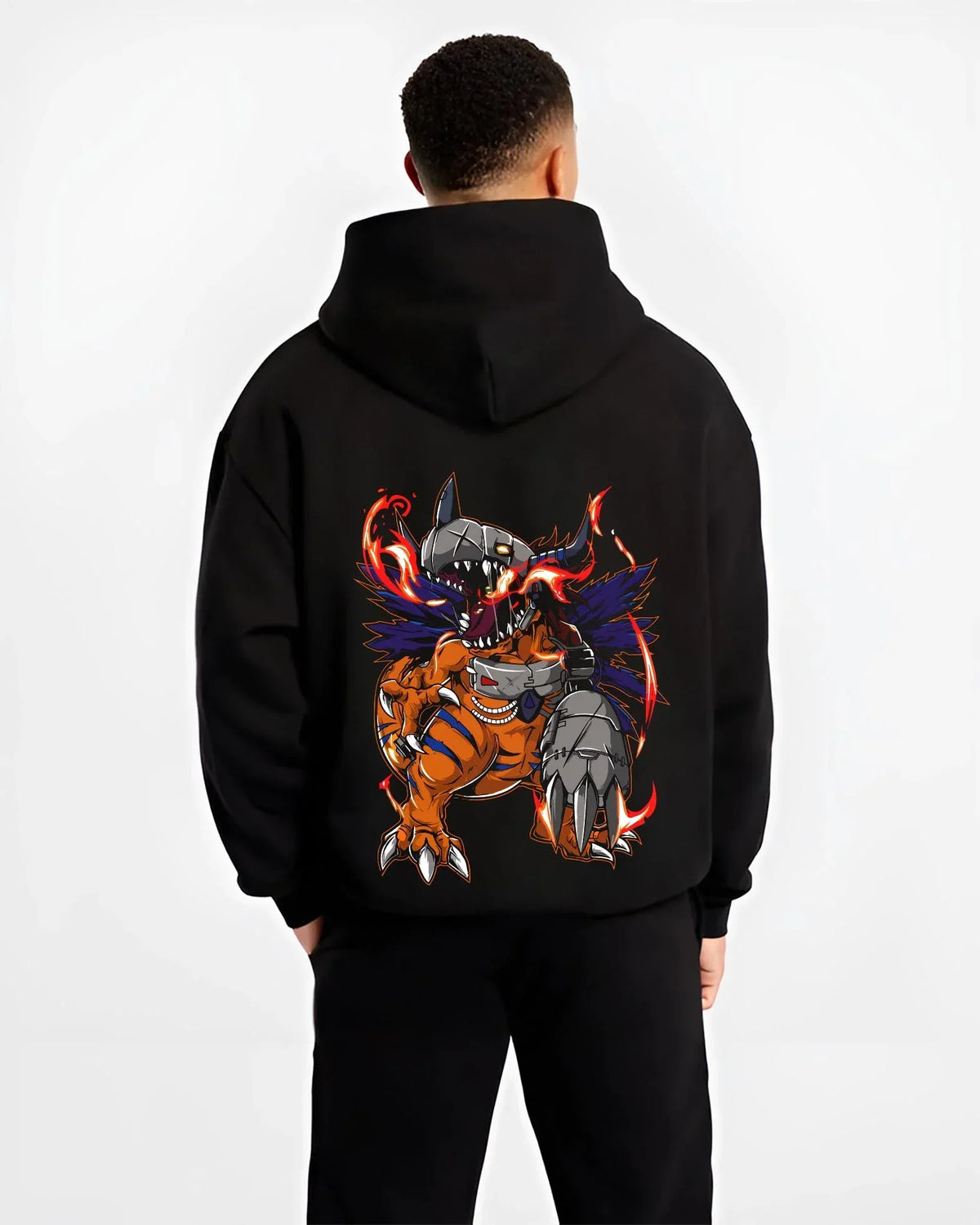 Black hoodie worn by male model, back view with MetalGreymon Hoodie Digimon Evolution Monster graphic streetwear graphic.