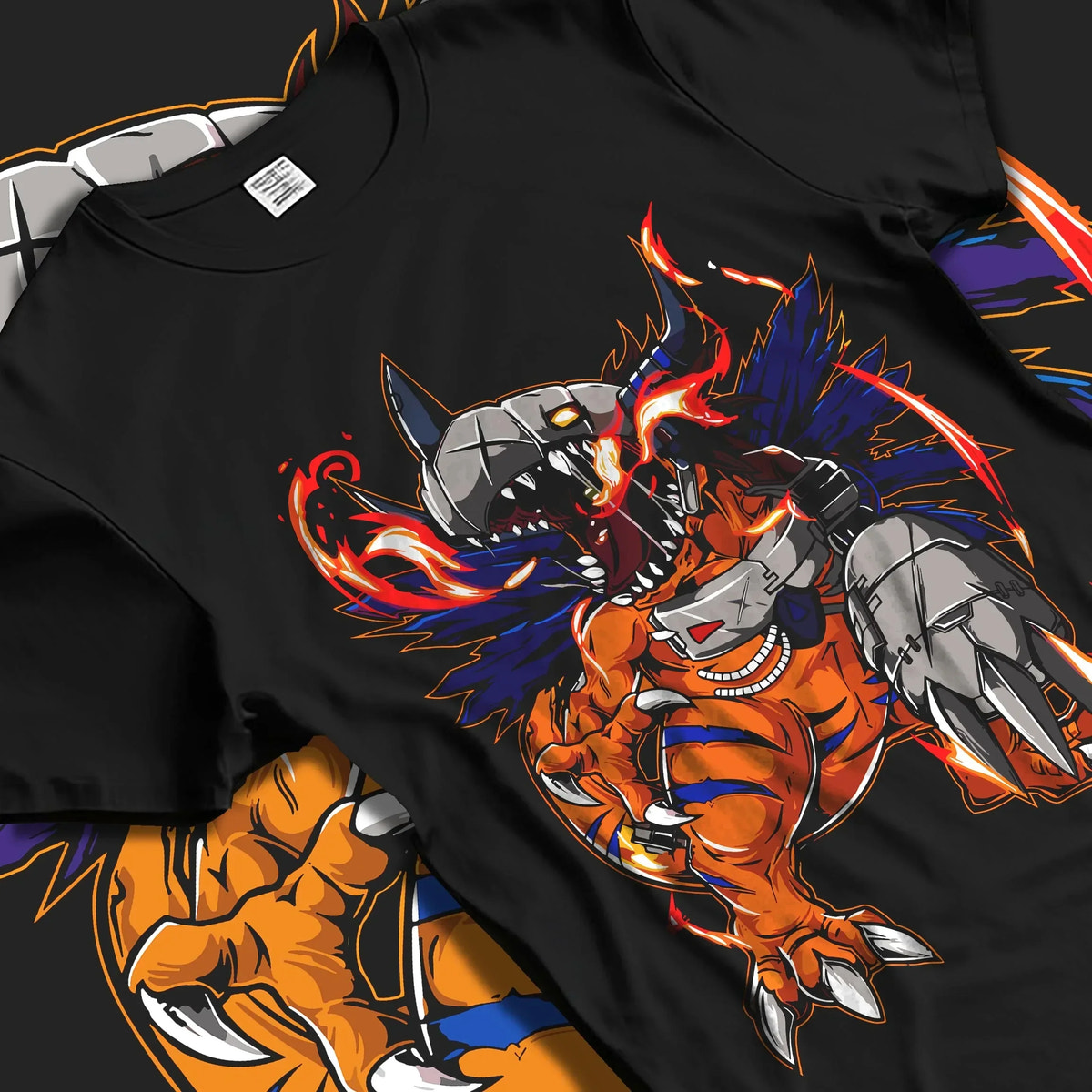 Black T-shirt laid flat with natural folds with MetalGreymon Hoodie Digimon Evolution Monster graphic premium wear.