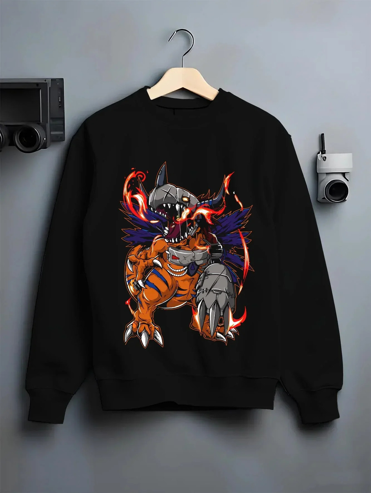 Black crewneck sweatshirt on hanger with MetalGreymon Hoodie Digimon Evolution Monster graphic premium wear.