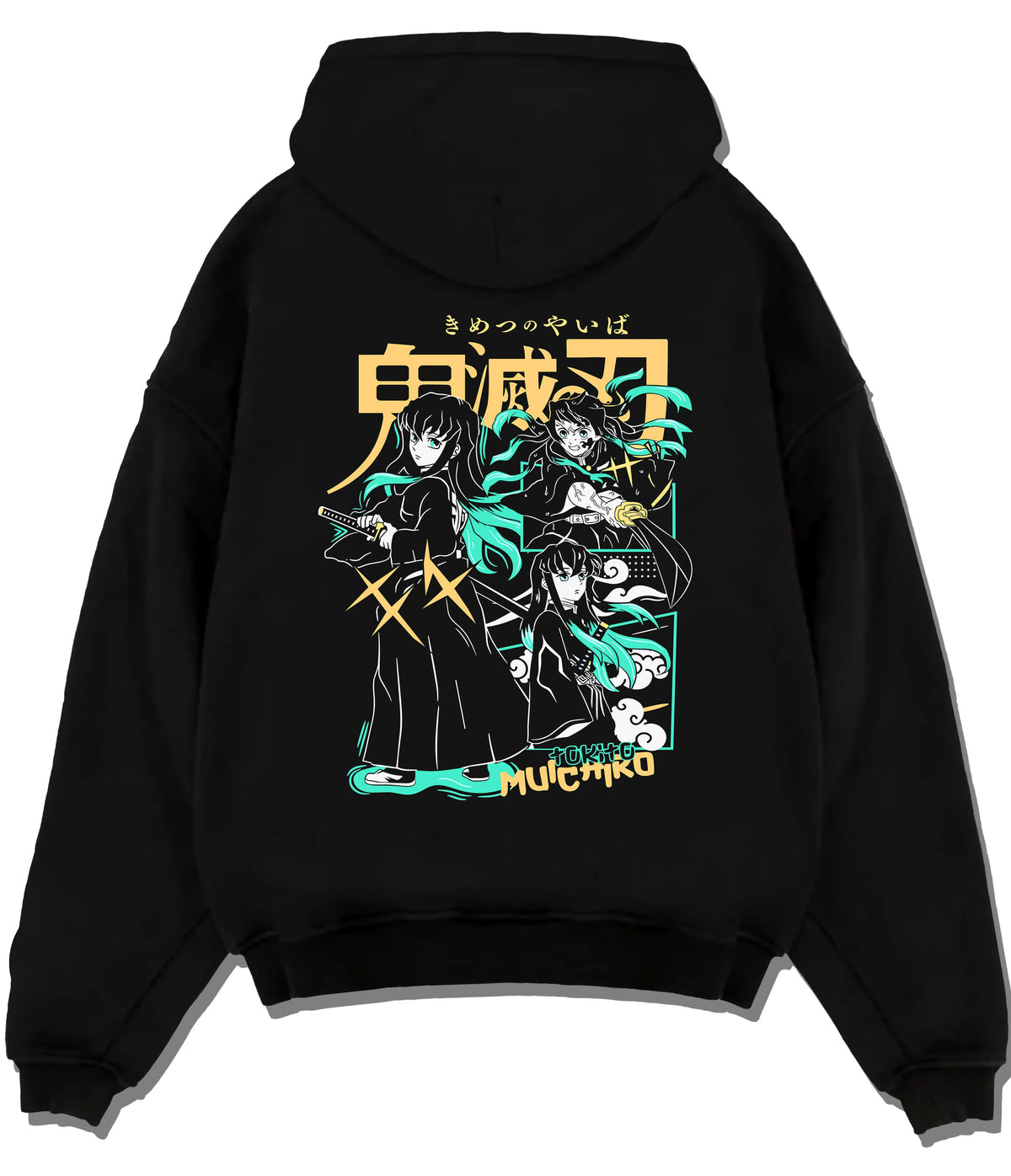 Black hoodie flat back view showing Muichiro Tokito and Demon Slayer cast: montage