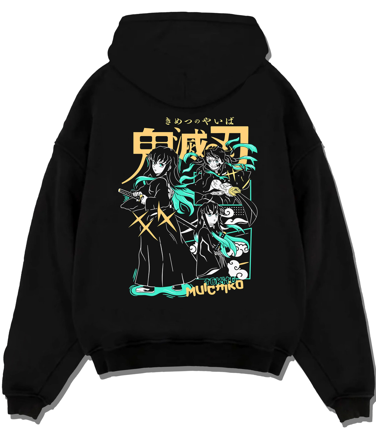 Black hoodie flat back view showing Muichiro Tokito and Demon Slayer cast: montage