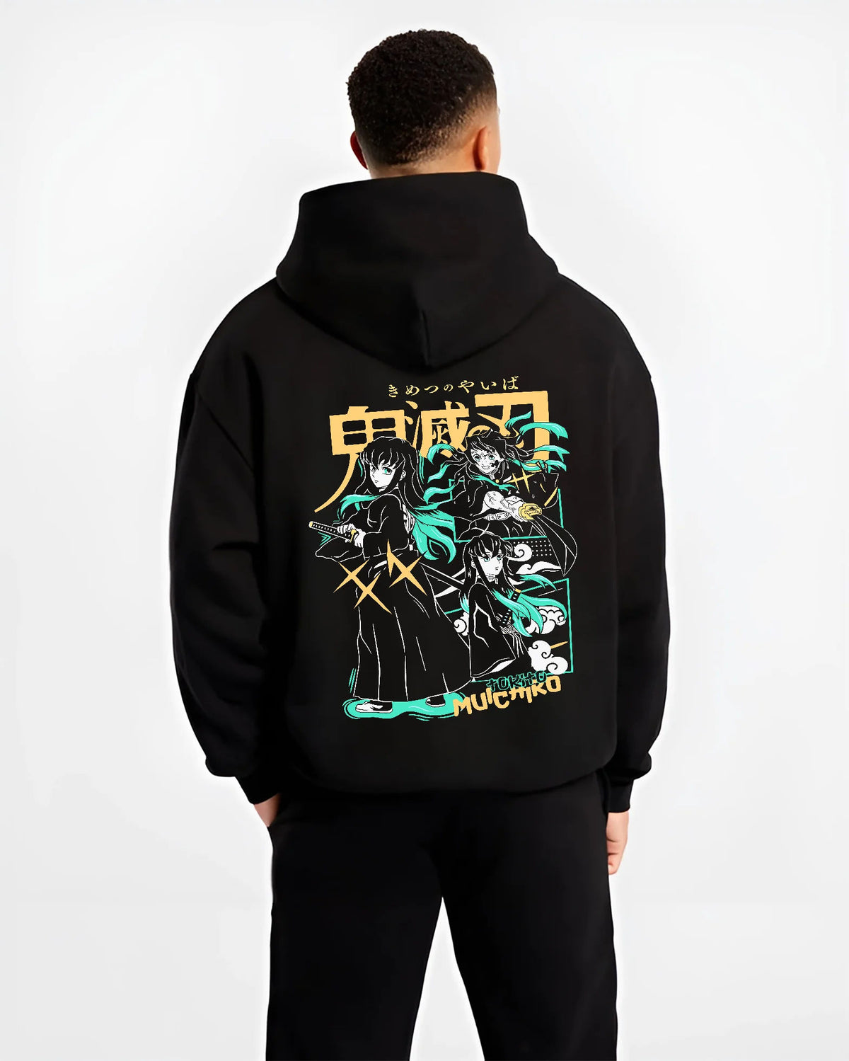 Black hoodie model back view showing Muichiro Tokito and Demon Slayer cast: montage