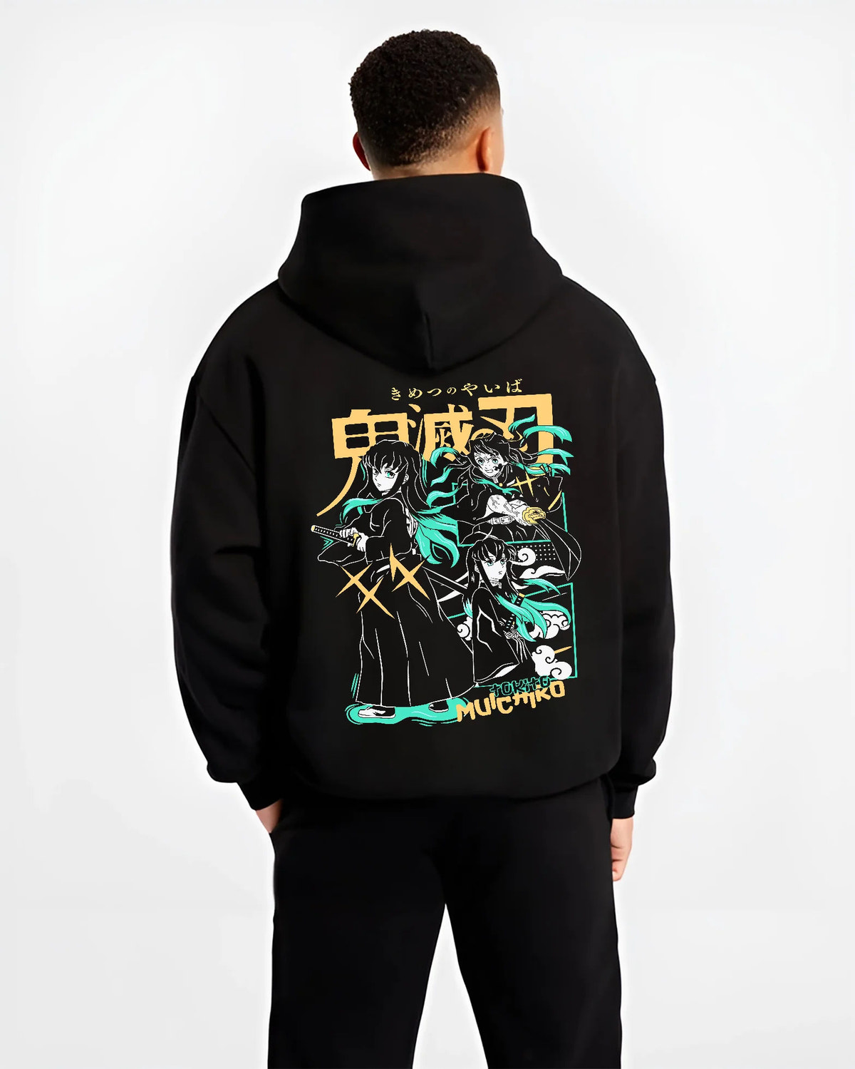 Black hoodie model back view showing Muichiro Tokito and Demon Slayer cast: montage
