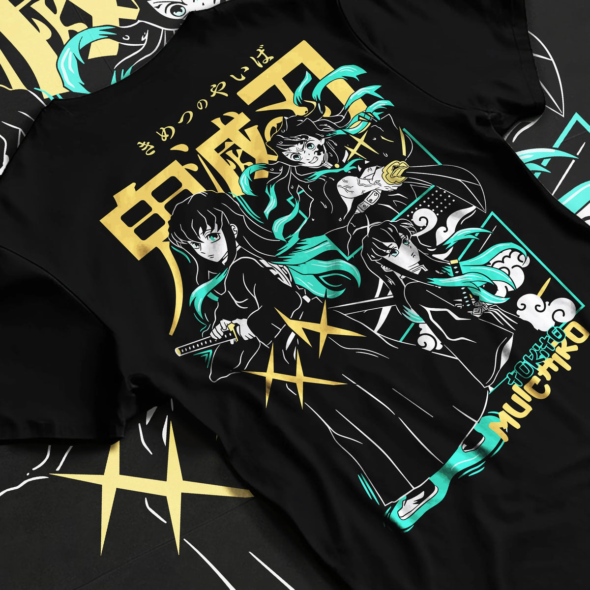Black T-shirt flat back view showing Muichiro Tokito and Demon Slayer cast: montage