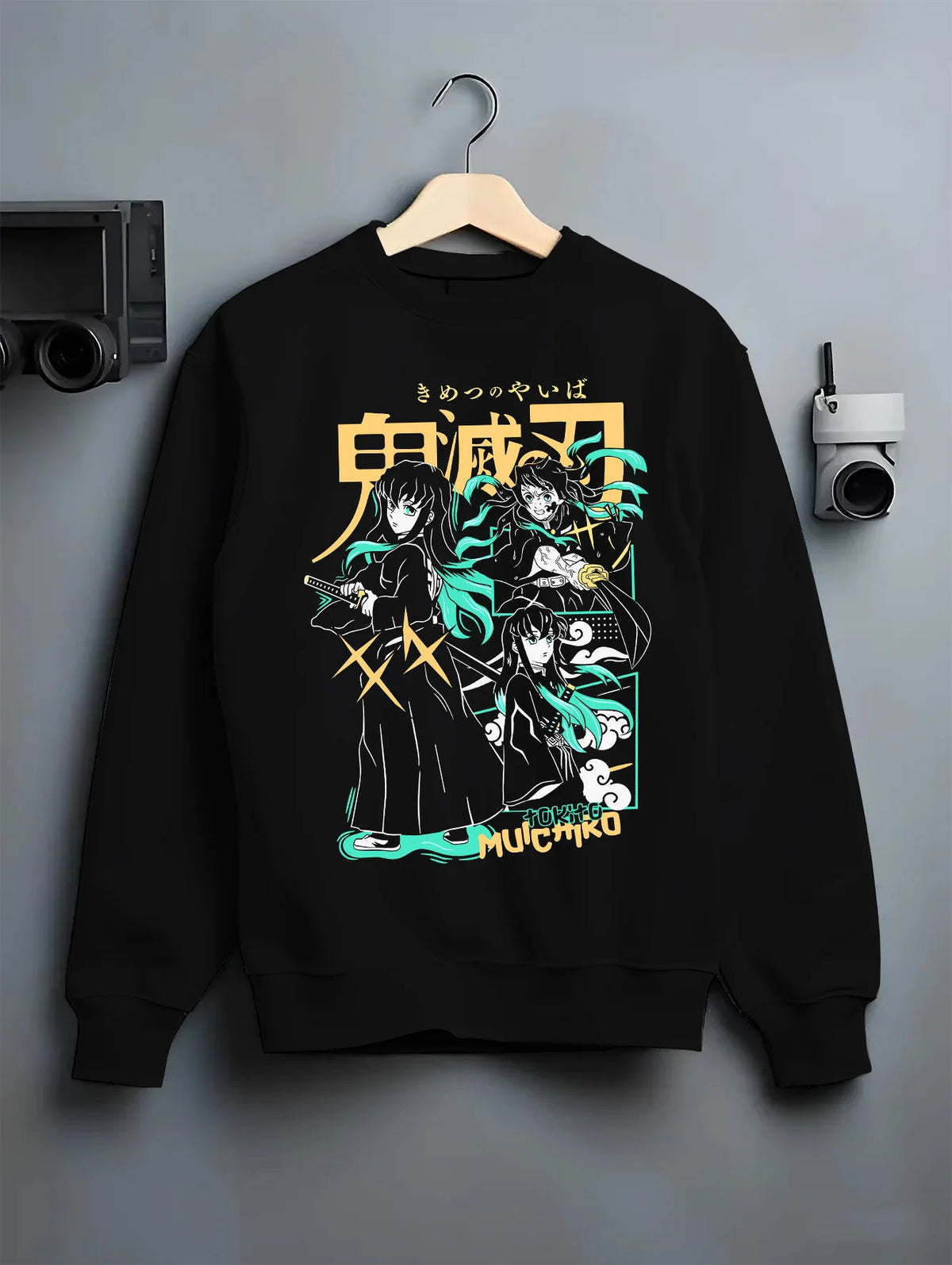Black crewneck sweatshirt on hanger showing Muichiro Tokito and Demon Slayer cast: montage