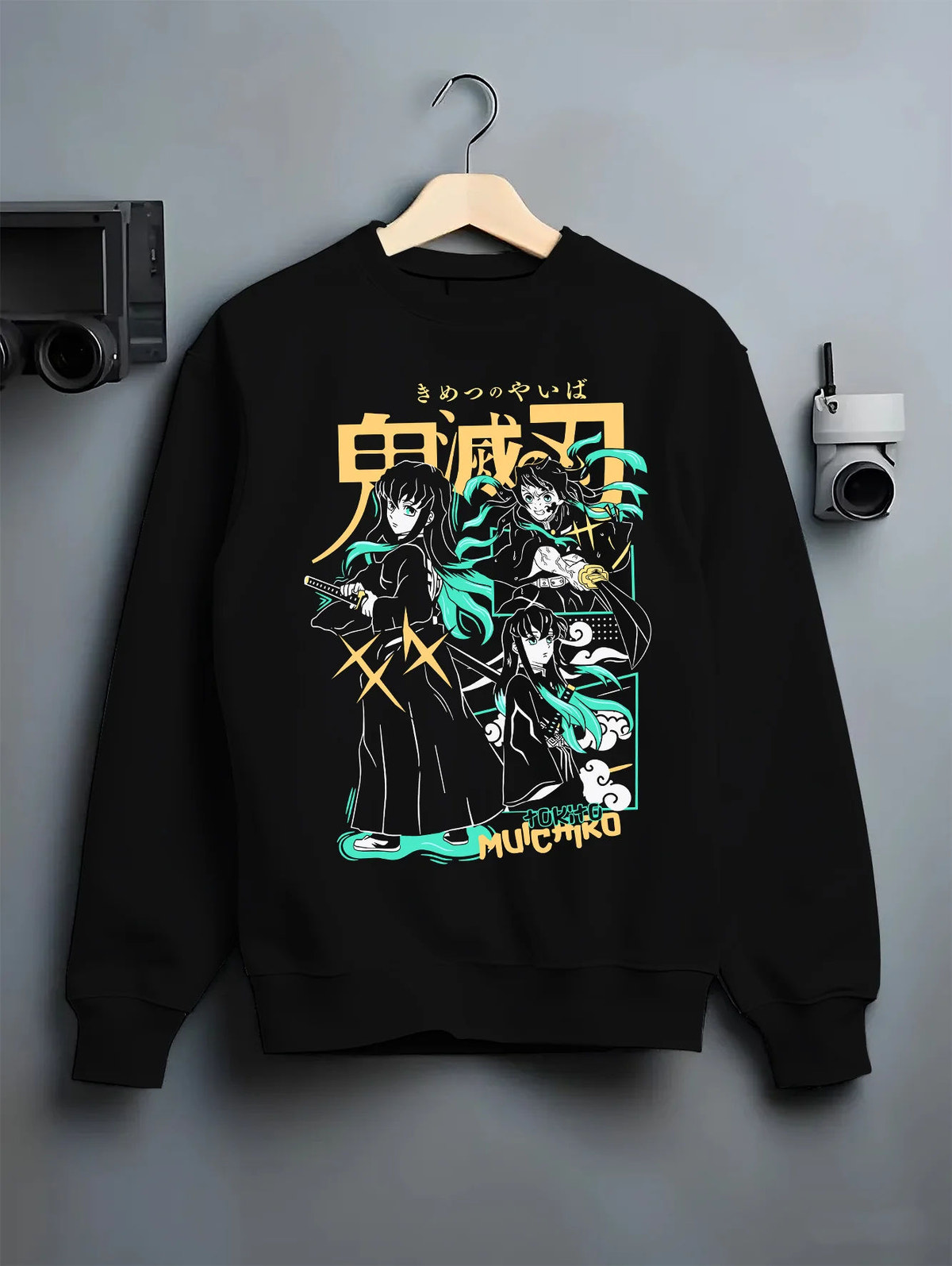 Black crewneck sweatshirt on hanger showing Muichiro Tokito and Demon Slayer cast: montage