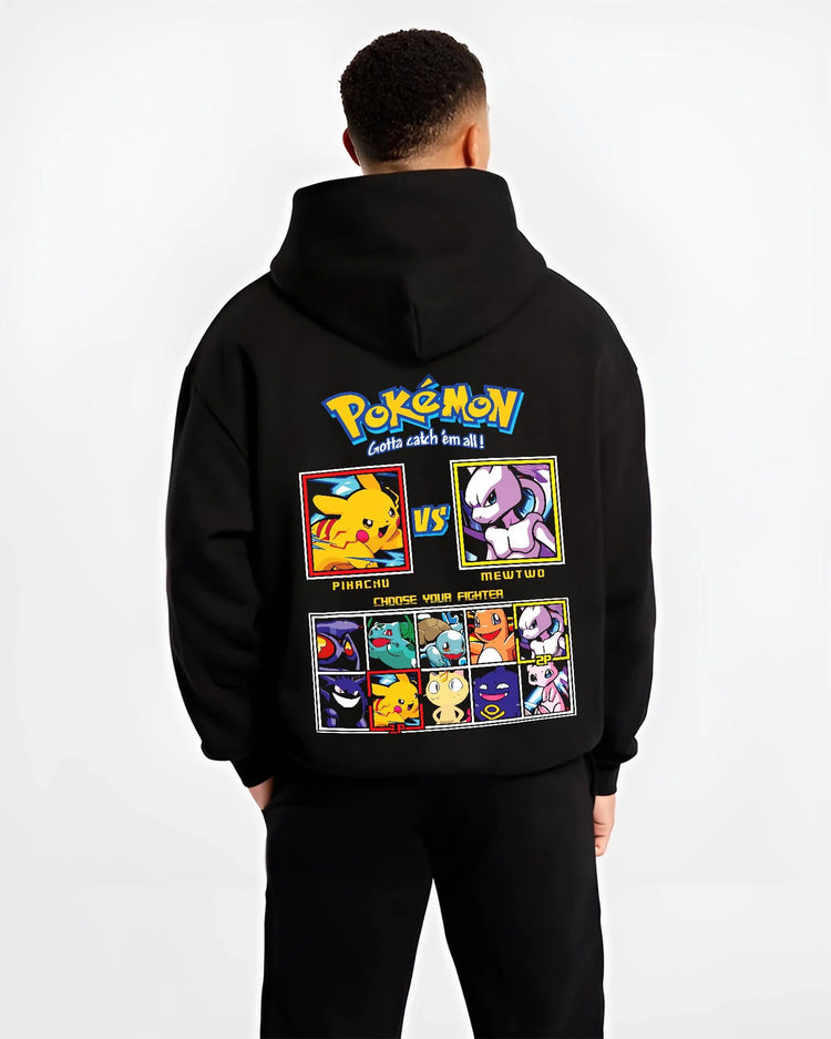 Black hoodie worn by male model from the back featuring Pikachu, Mewtwo and classic Pokemon artwork.