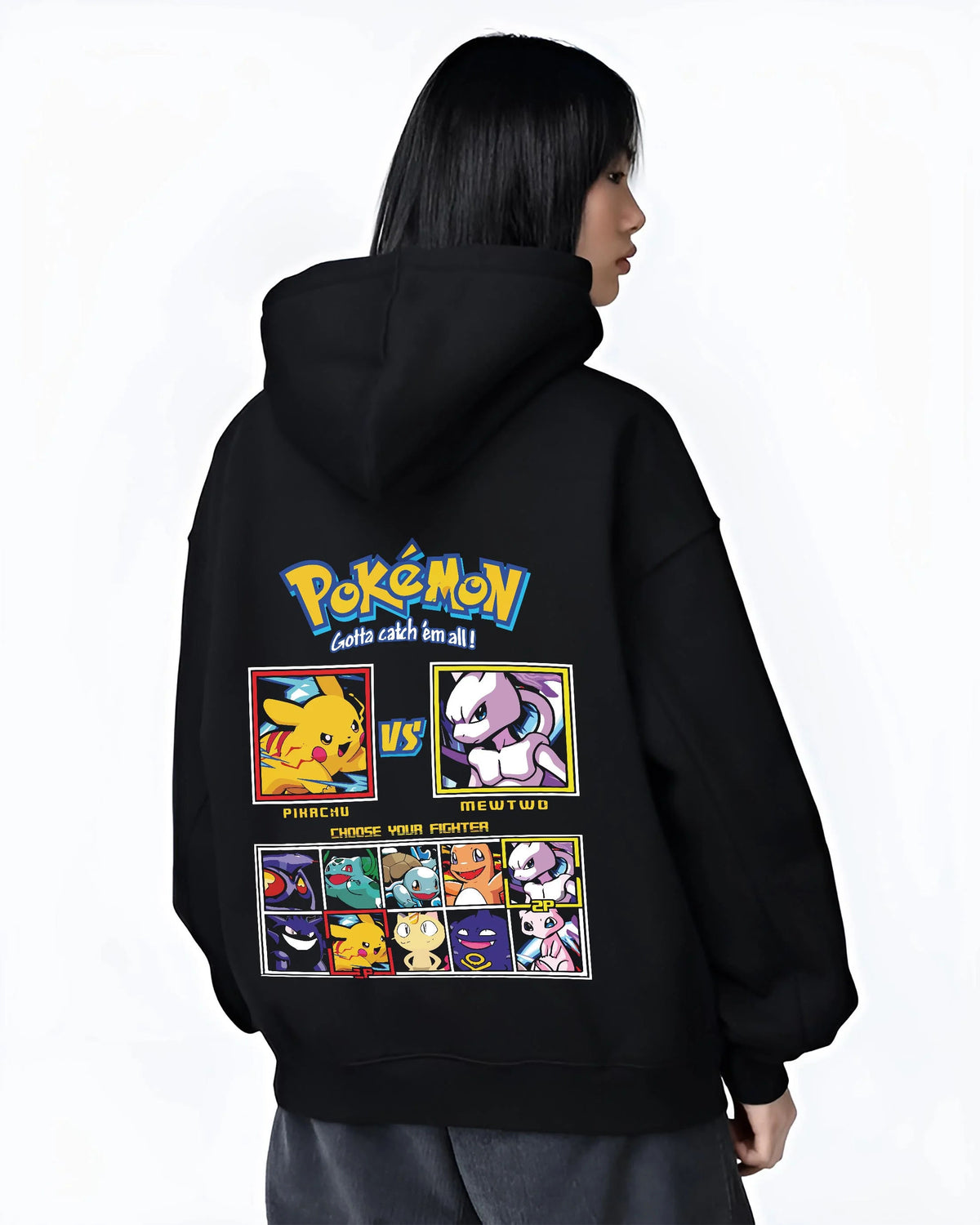 Black hoodie worn by female model from the back featuring Pikachu, Mewtwo and classic Pokemon artwork.