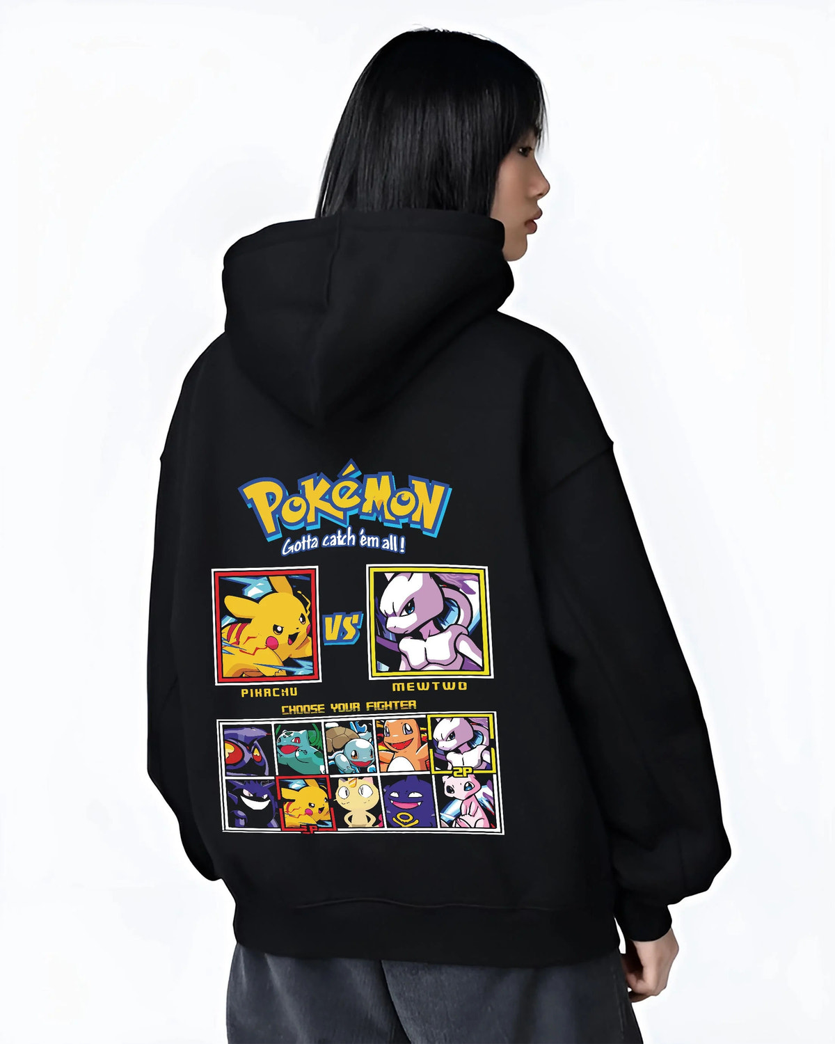 Black hoodie worn by female model from the back featuring Pikachu, Mewtwo and classic Pokemon artwork.