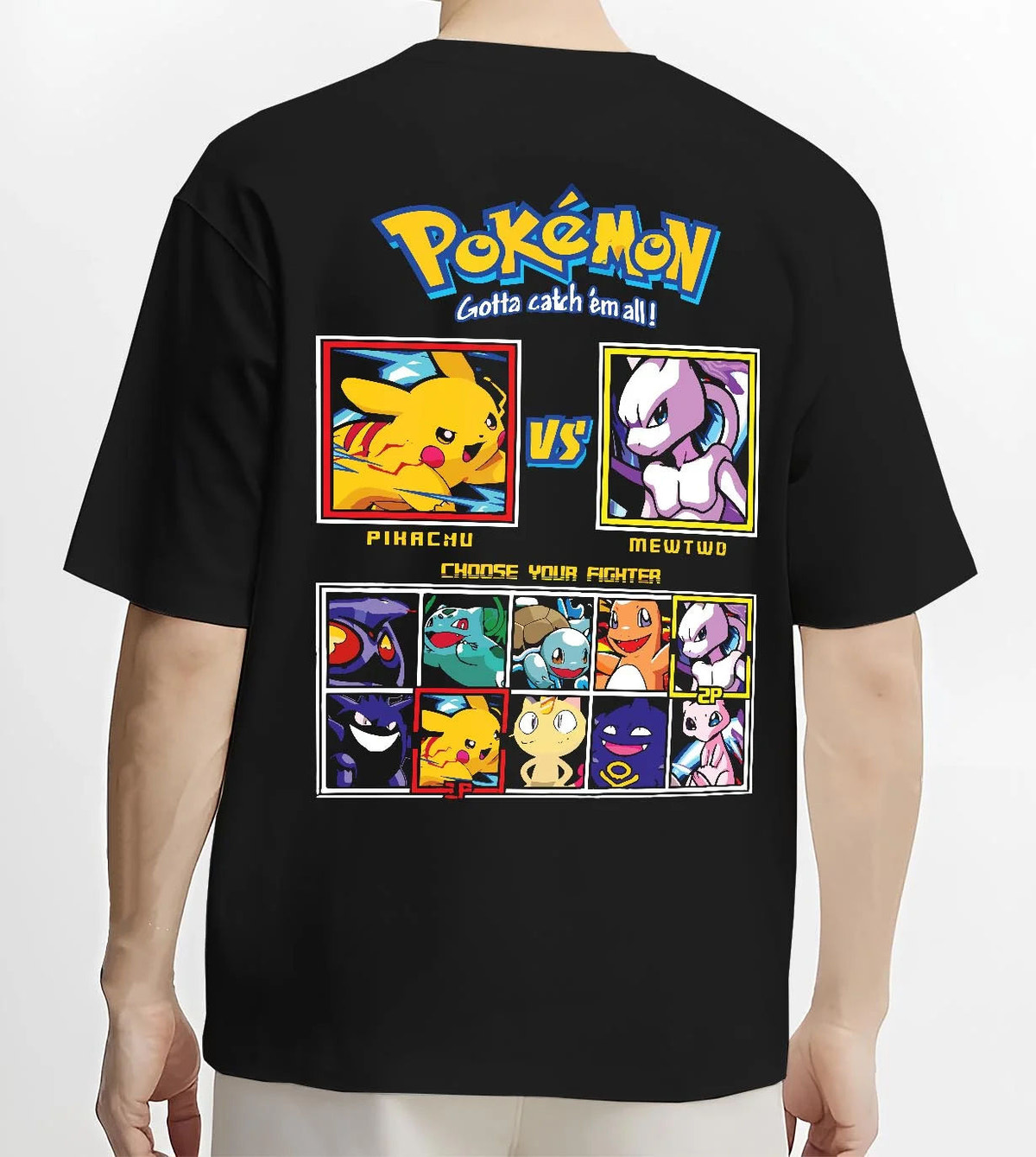 Black T-shirt worn by male model from the back featuring Pikachu, Mewtwo and classic Pokemon artwork.