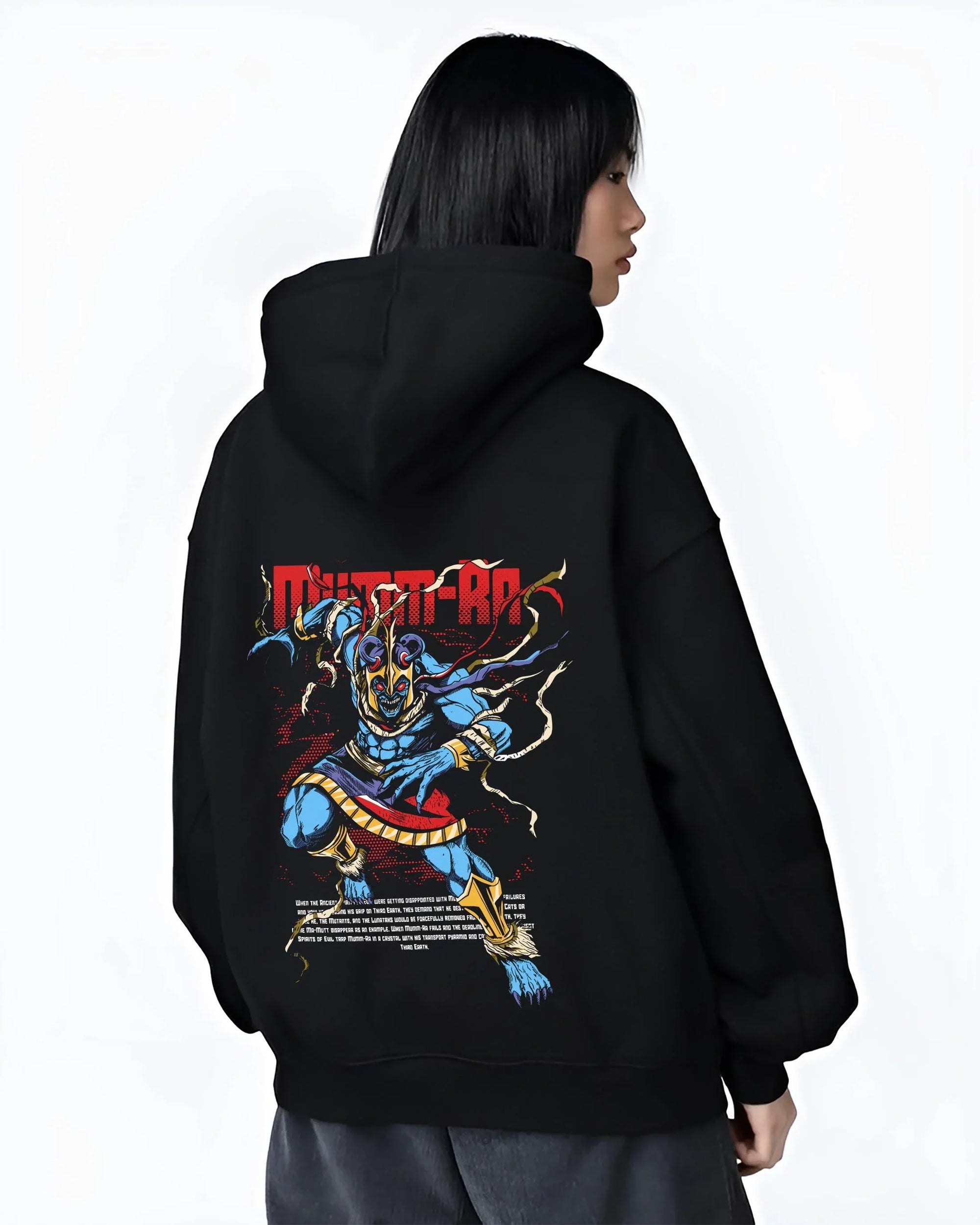 Black hoodie worn by female model, back view with Mumm-Ra Hoodie Thundercats Ancient Evil Power graphic premium wear.