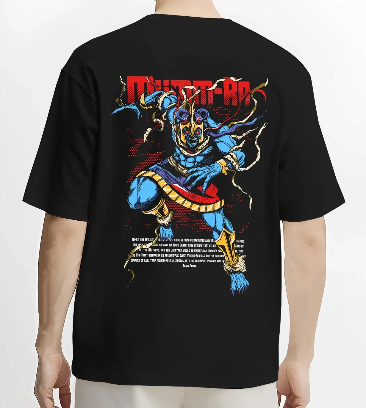 Black T-shirt worn by male model, back view with Mumm-Ra Hoodie Thundercats Ancient Evil Power graphic premium wear.