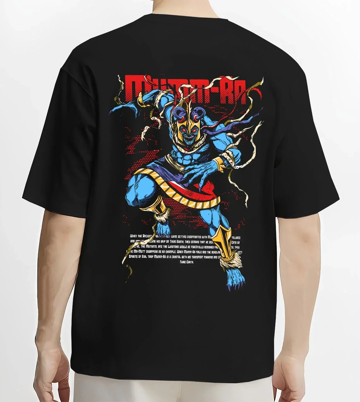 Black T-shirt worn by male model, back view with Mumm-Ra Hoodie Thundercats Ancient Evil Power graphic premium wear.