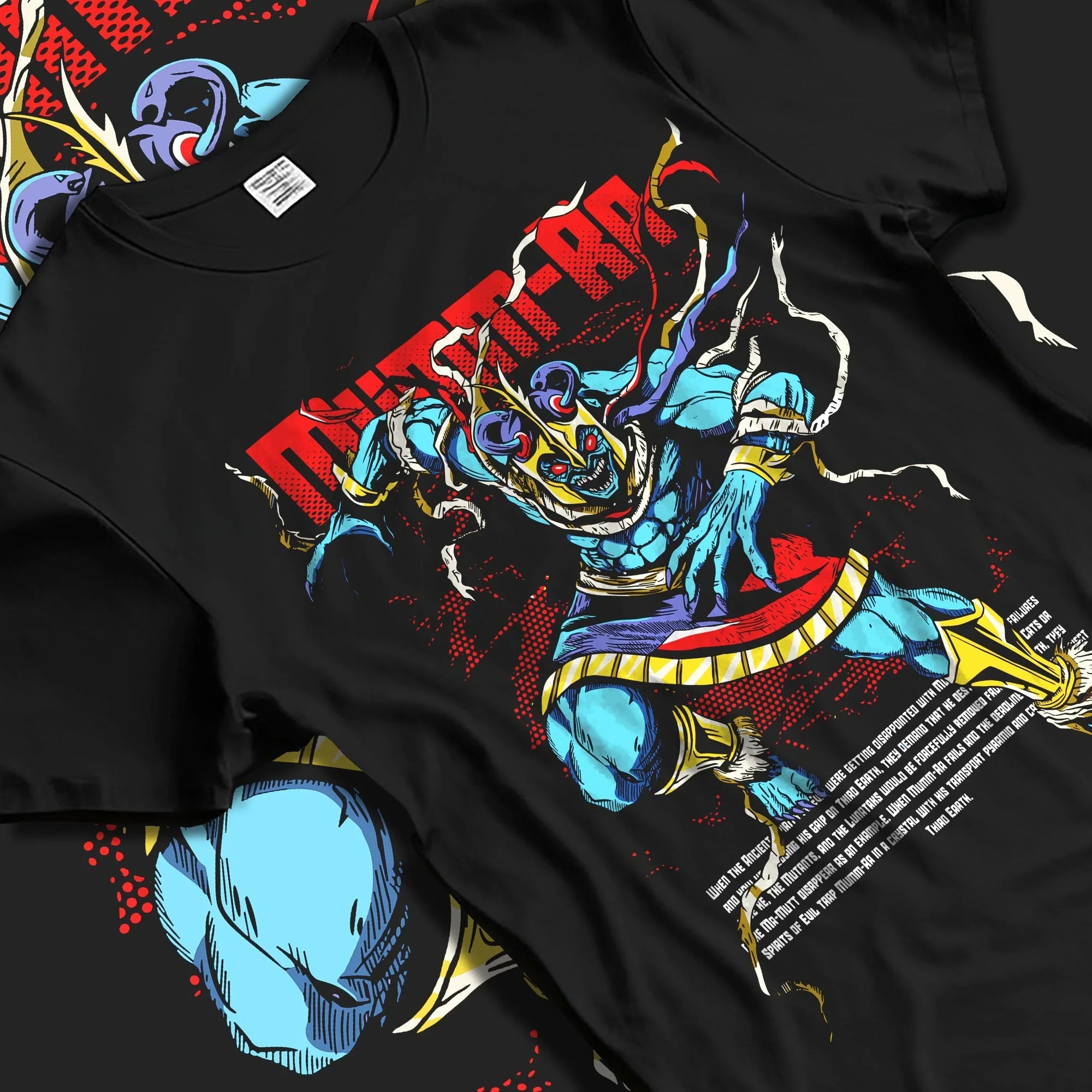 Black T-shirt laid flat with natural folds with Mumm-Ra Hoodie Thundercats Ancient Evil Power graphic streetwear graphic.