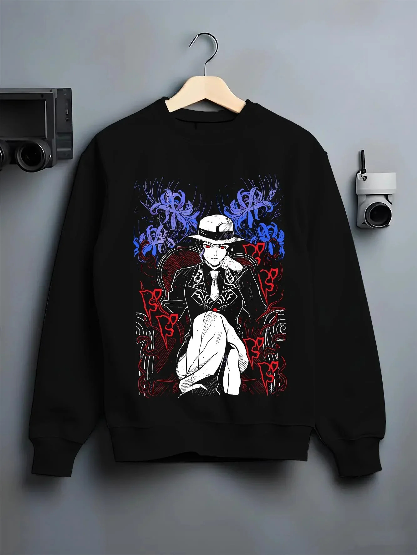 Black crewneck sweatshirt on hanger with Muzan Kibutsuji Hoodie Demon Slayer King Icon graphic premium wear.
