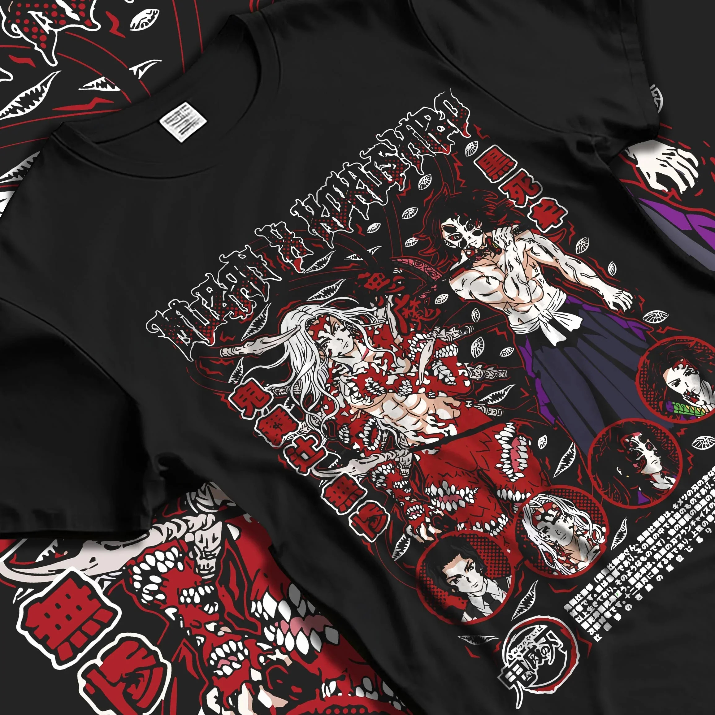 Black T-shirt laid flat with natural folds with Muzan Kibutsuji Hoodie Demon Slayer Throne Lord graphic premium wear.