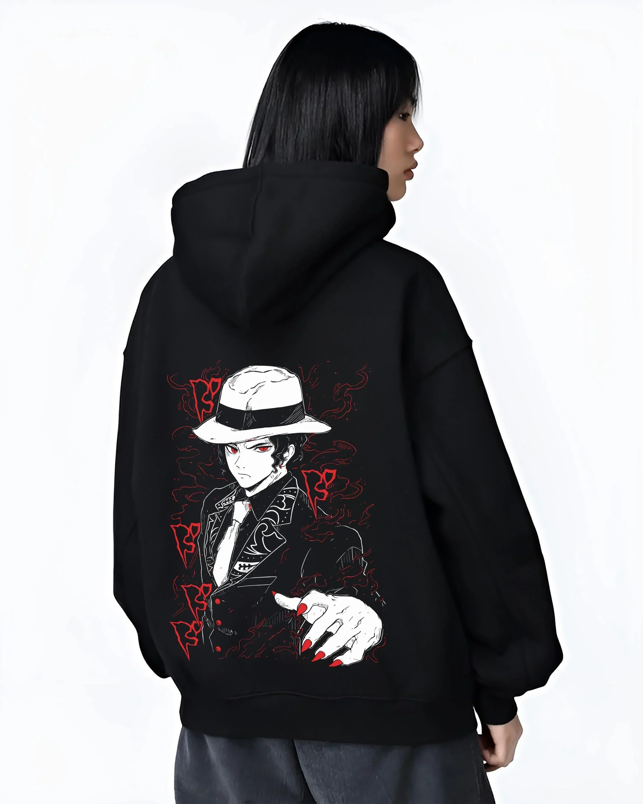 Black hoodie worn by female model, back view with Muzan Kibutsuji Hoodie Demon Slayer Dark Suit graphic streetwear graphic.