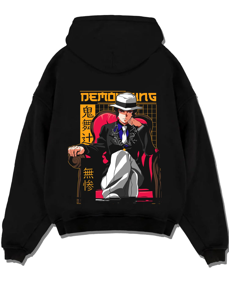 Black pullover hoodie laid flat with Muzan Kibutsuji Hoodie Demon Slayer Portrait graphic premium wear.