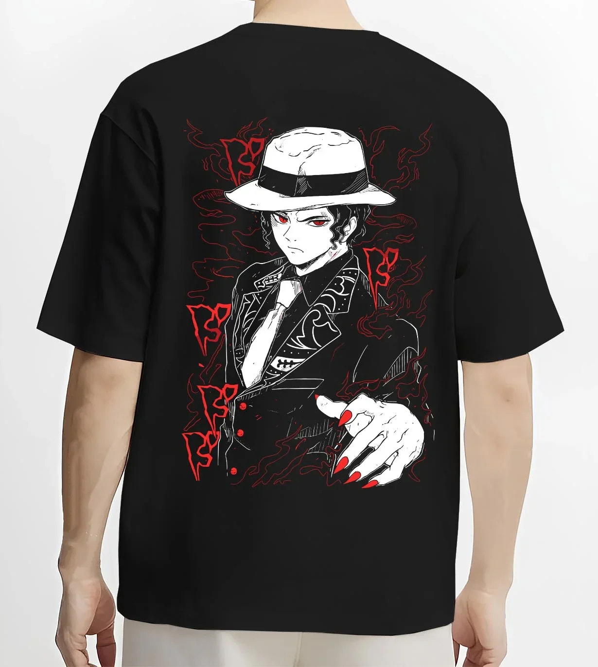 Black T-shirt worn by male model, back view with Muzan Kibutsuji Hoodie Demon Slayer Suit Design graphic bold anime graphic.