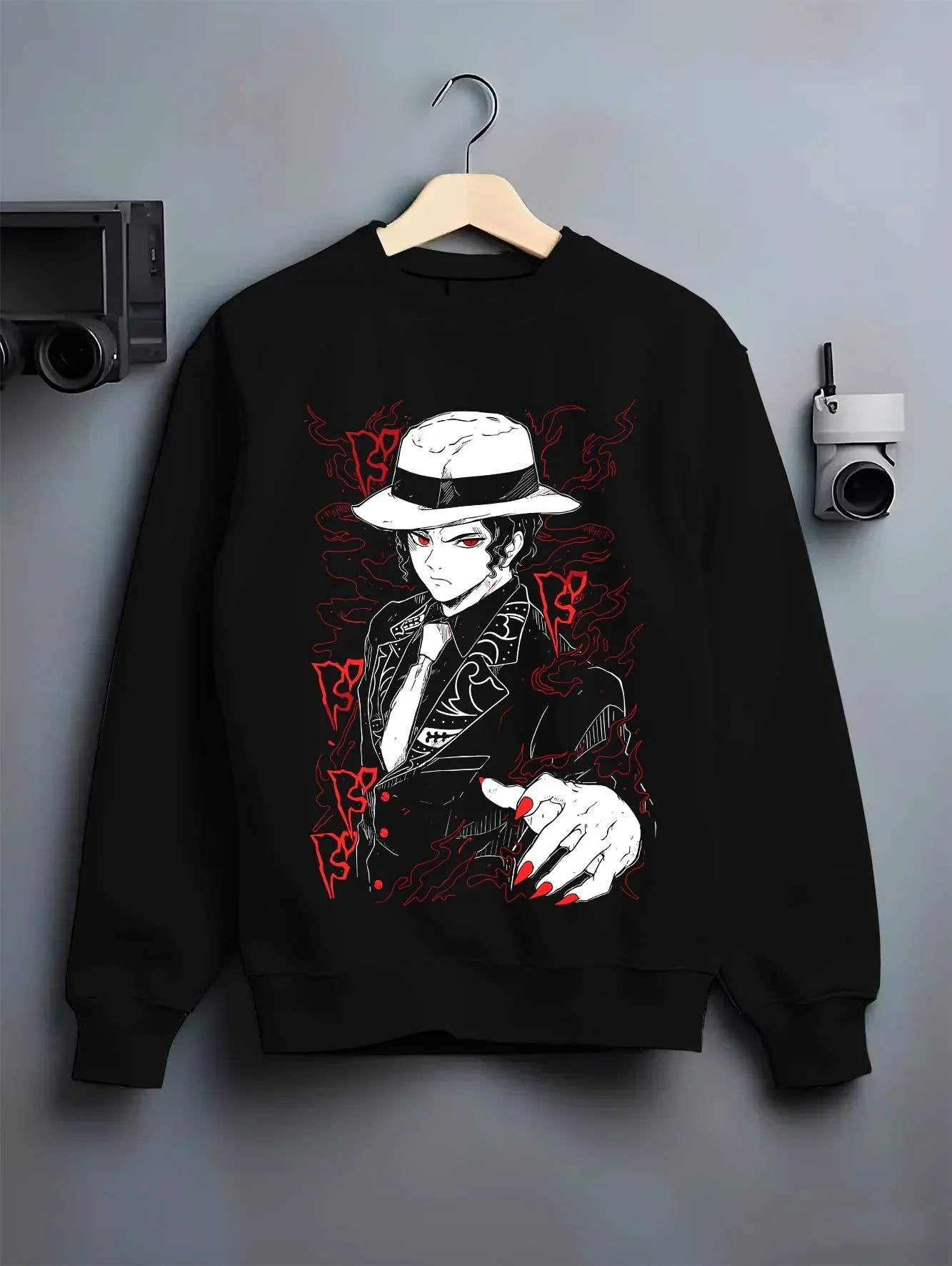 Black crewneck sweatshirt on hanger with Muzan Kibutsuji Hoodie Demon Slayer Suit Design graphic streetwear graphic.