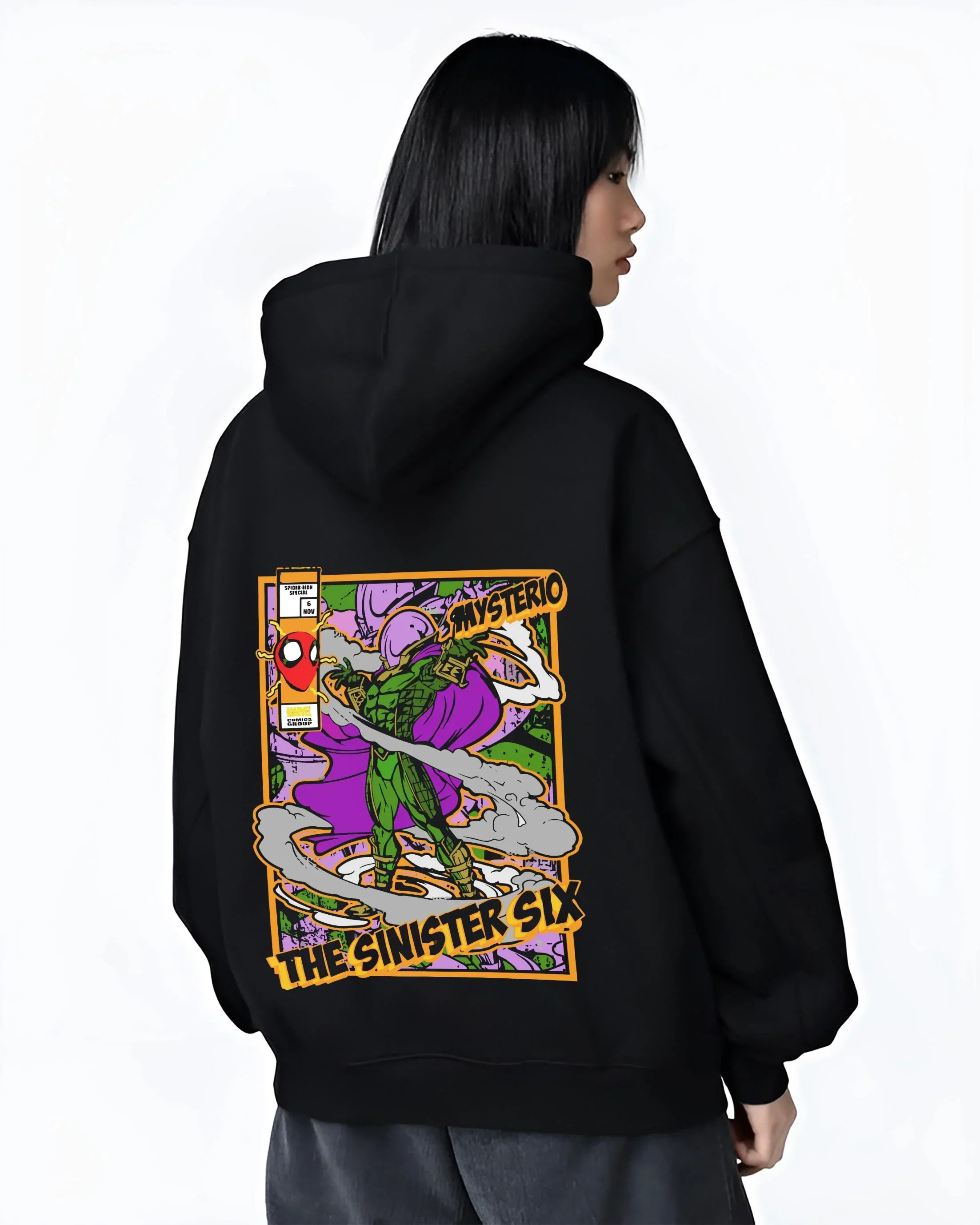Black hoodie worn by female model, back view with Mysterio Hoodie Marvel Sinister Six Villain graphic streetwear graphic.