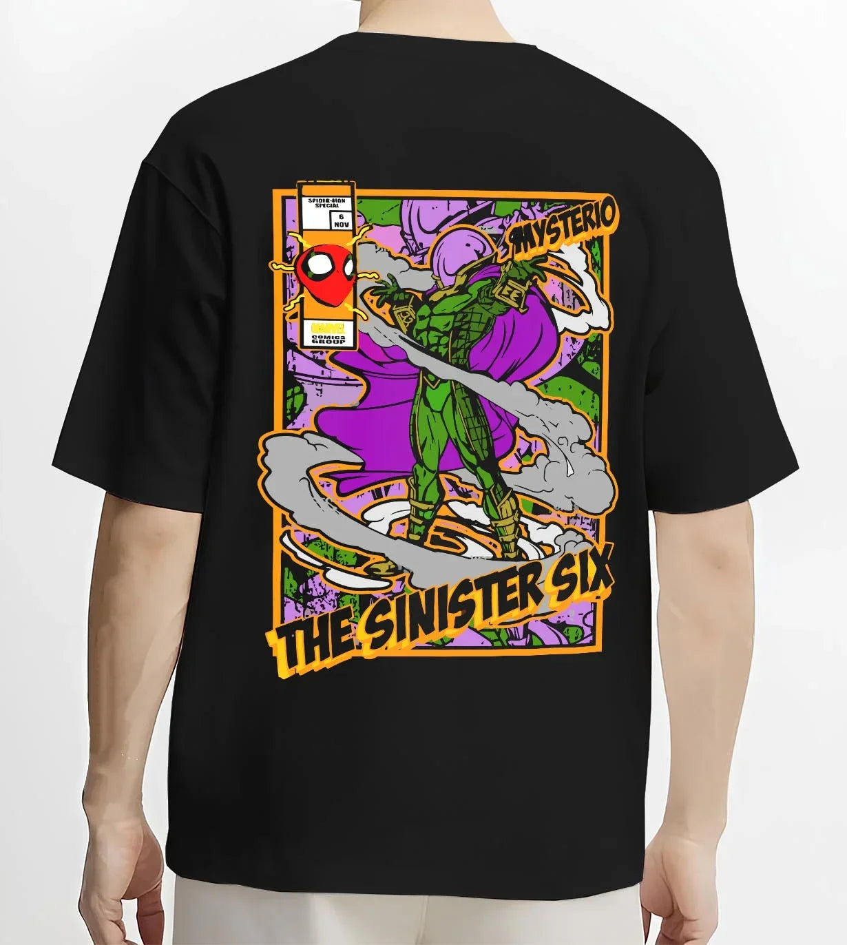Black T-shirt worn by male model, back view with Mysterio Hoodie Marvel Sinister Six Villain graphic premium wear.