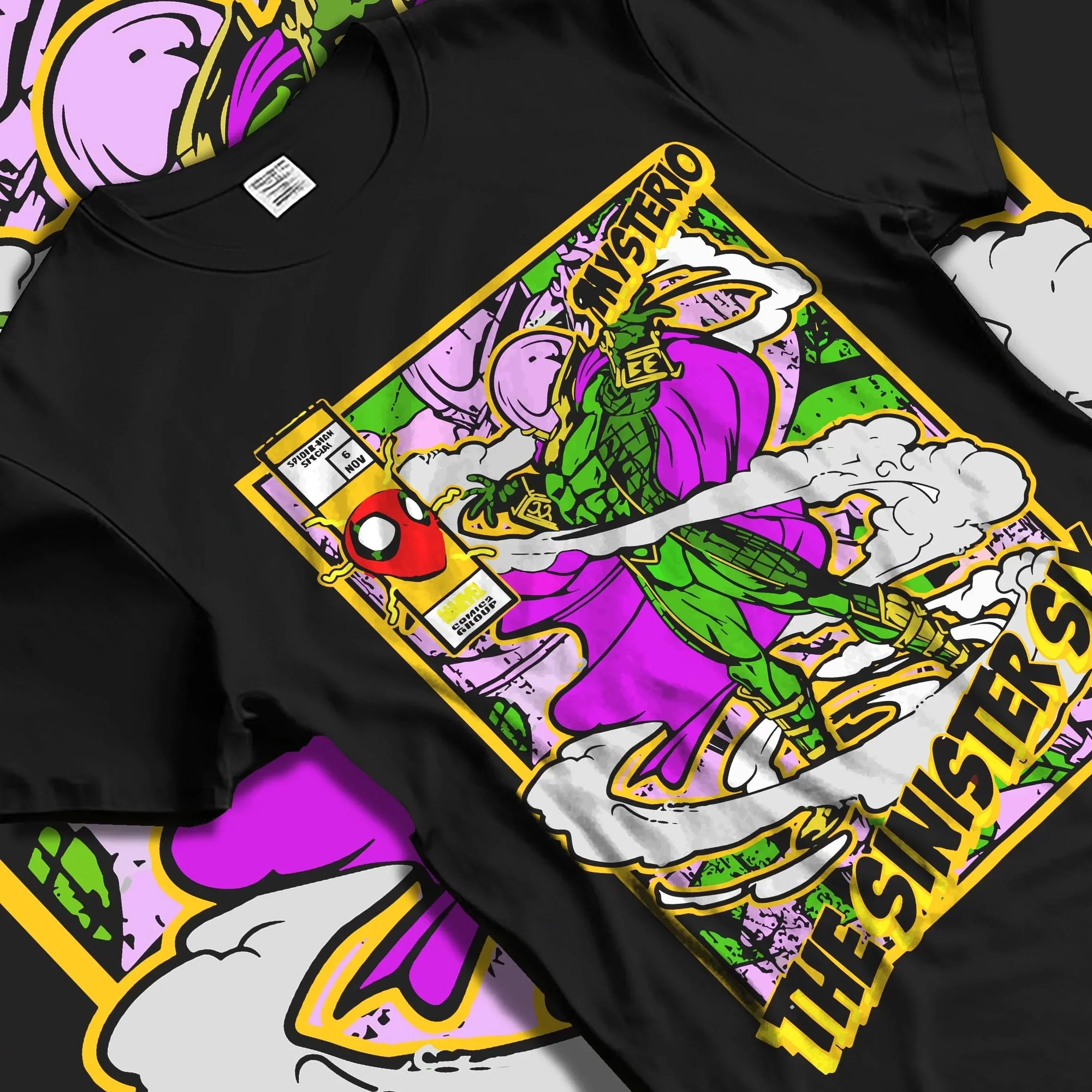 Black T-shirt laid flat with natural folds with Mysterio Hoodie Marvel Sinister Six Villain graphic bold anime graphic.