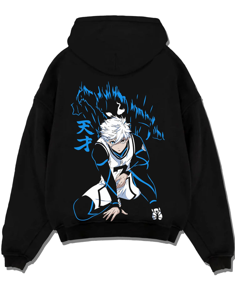 Black pullover hoodie laid flat with Nagi Seishiro Hoodie Blue Lock Cool Striker Design graphic bold anime graphic.