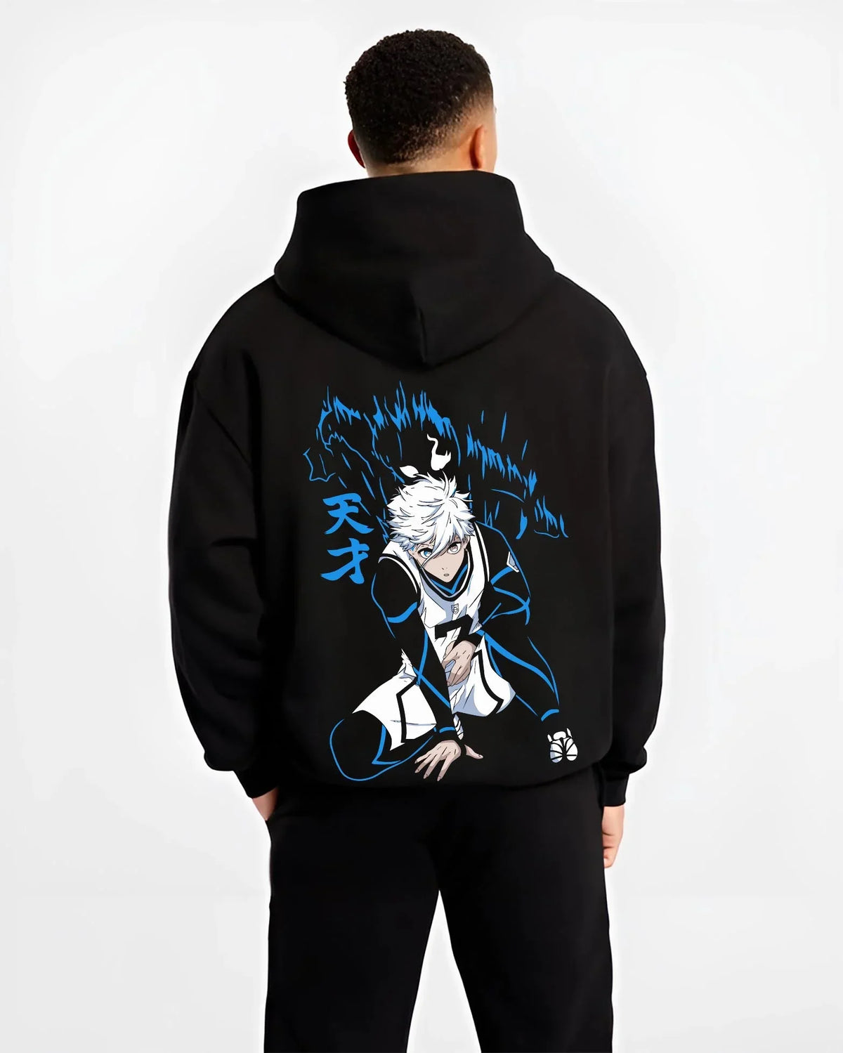 Black hoodie worn by male model, back view with Nagi Seishiro Hoodie Blue Lock Cool Striker Design graphic streetwear graphic.