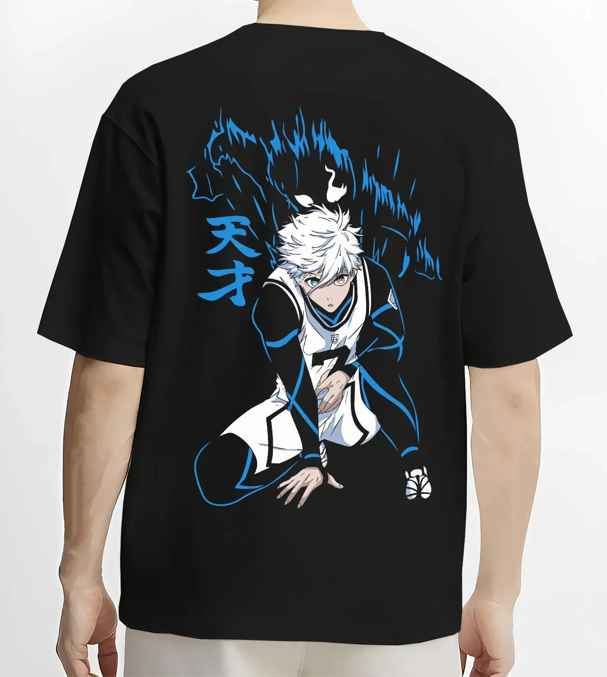 Black T-shirt worn by male model, back view with Nagi Seishiro Hoodie Blue Lock Cool Striker Design graphic premium wear.