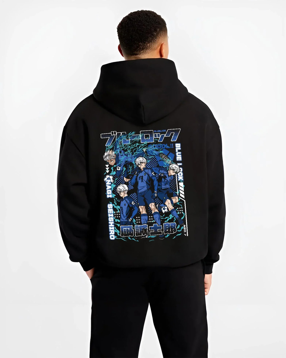 Black hoodie worn by male model, back view with Blue Lock Hoodie Nagi Reo Dynamic Striker Pair graphic premium wear.