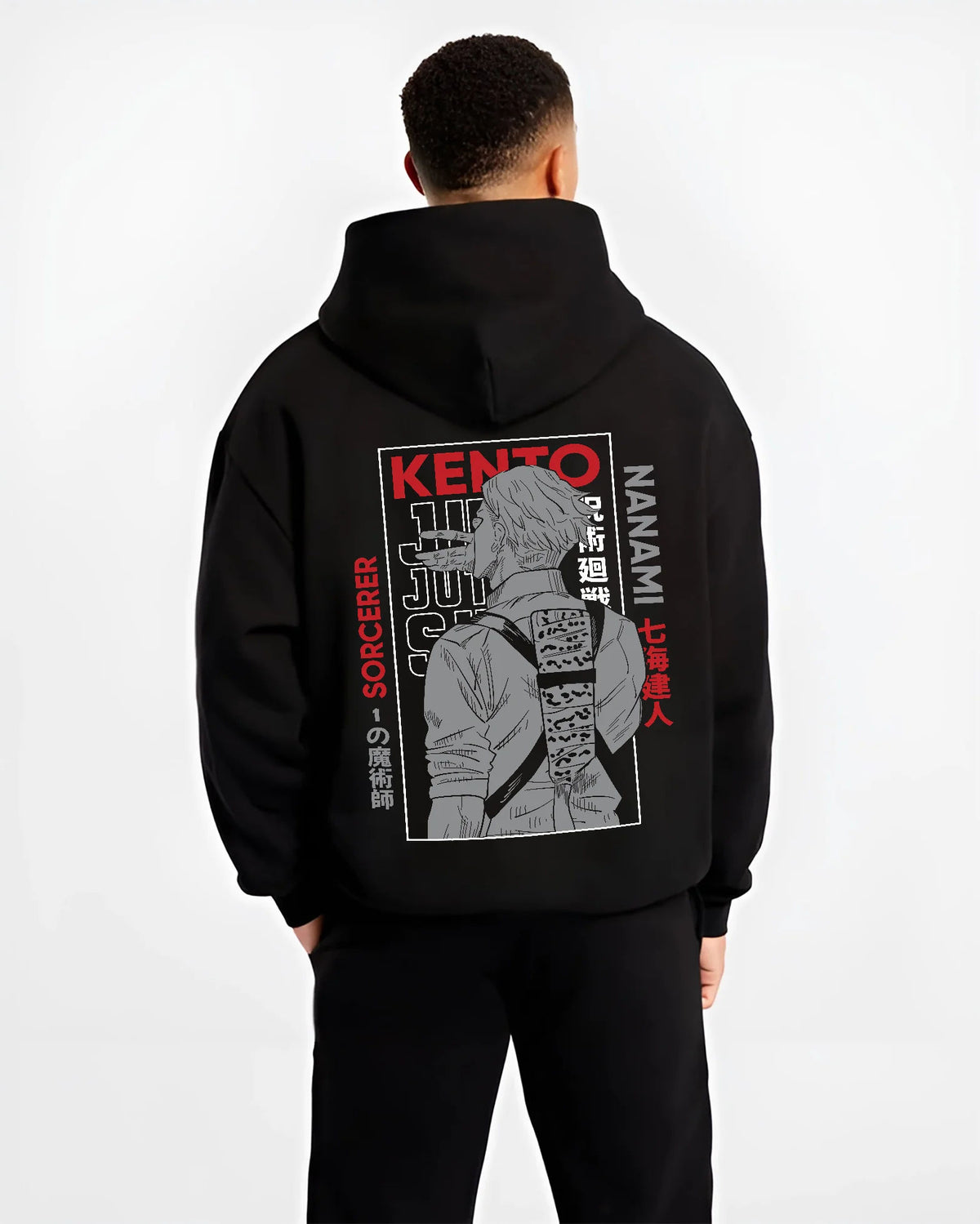 Black hoodie model back view showing Kento Nanami from Jujutsu Kaisen: suited sorcerer