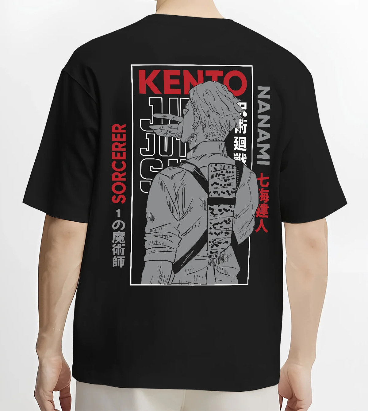 Black T-shirt model back view showing Kento Nanami from Jujutsu Kaisen: suited sorcerer