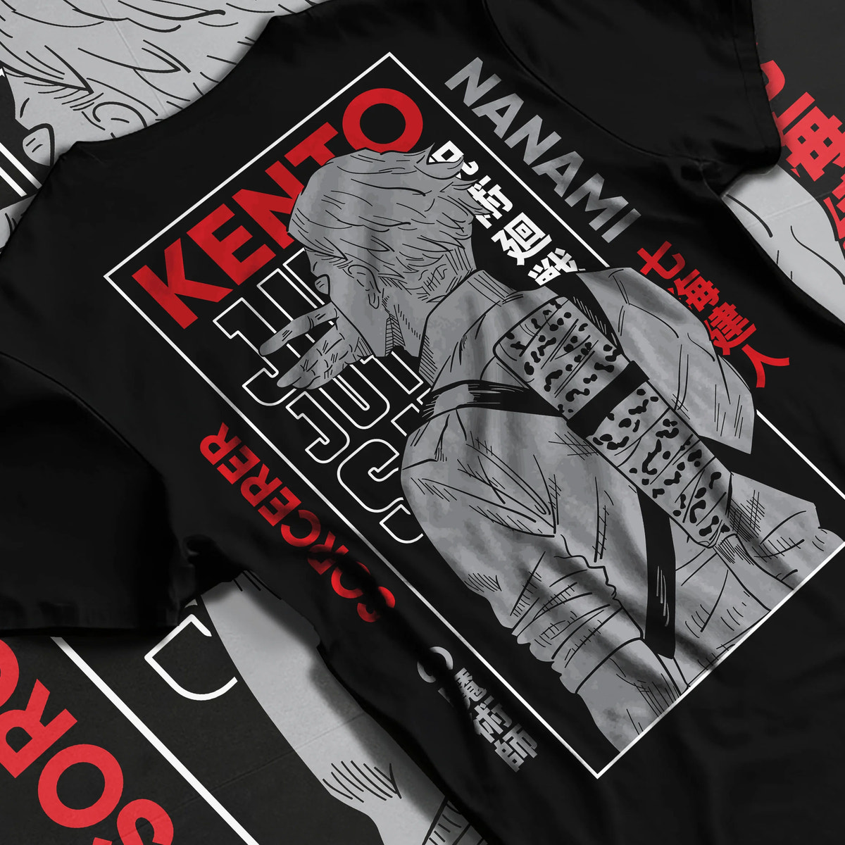 Black T-shirt flat back view showing Kento Nanami from Jujutsu Kaisen: suited sorcerer