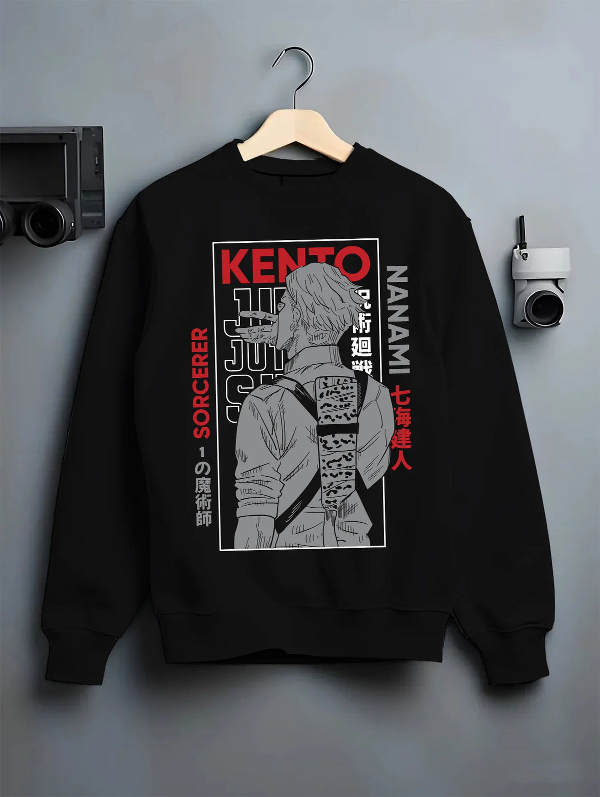 Black crewneck sweatshirt on hanger showing Kento Nanami from Jujutsu Kaisen: suited sorcerer